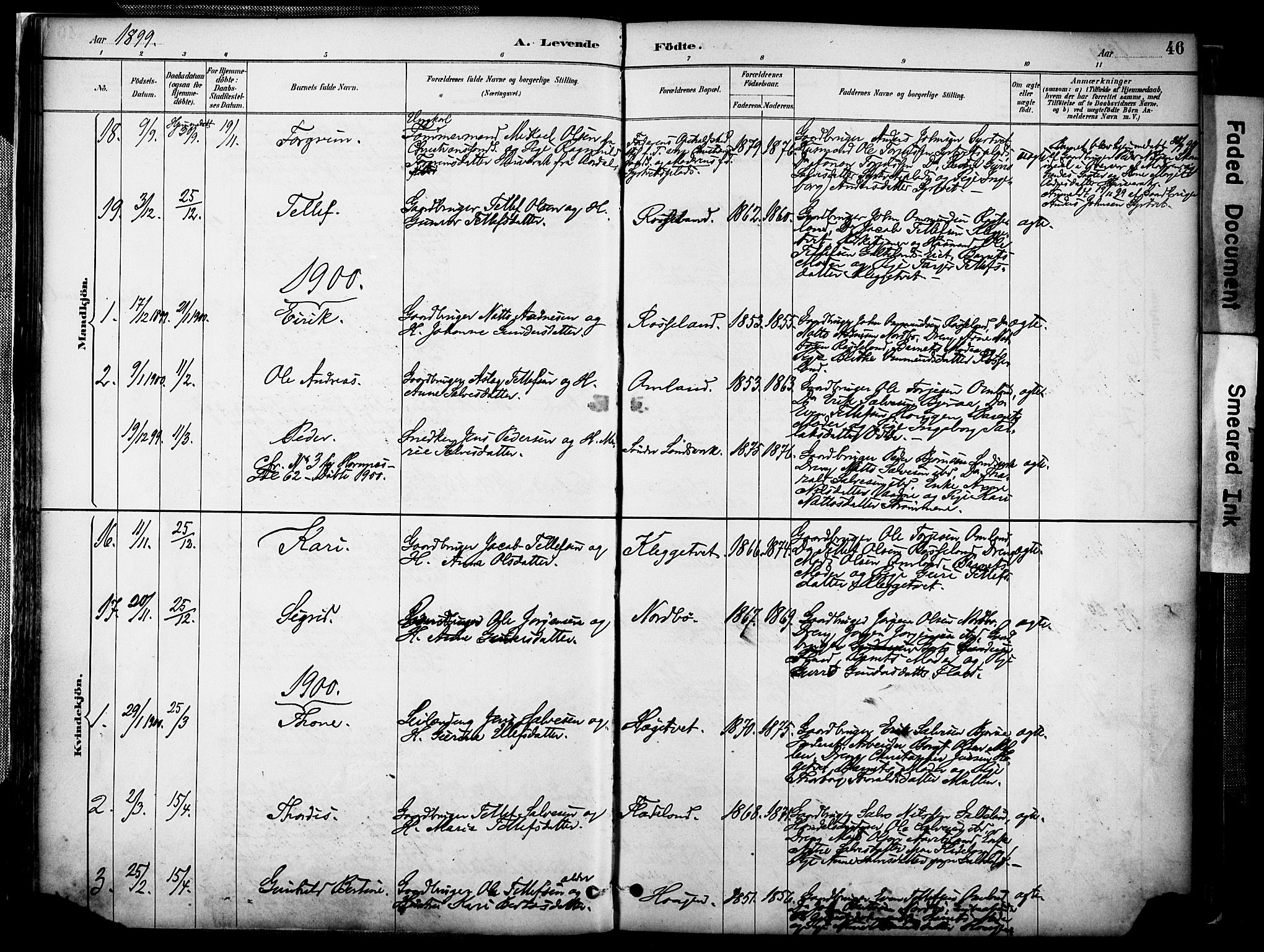 Evje sokneprestkontor, AV/SAK-1111-0008/F/Fa/Faa/L0007: Parish register (official) no. A 7, 1884-1909, p. 46