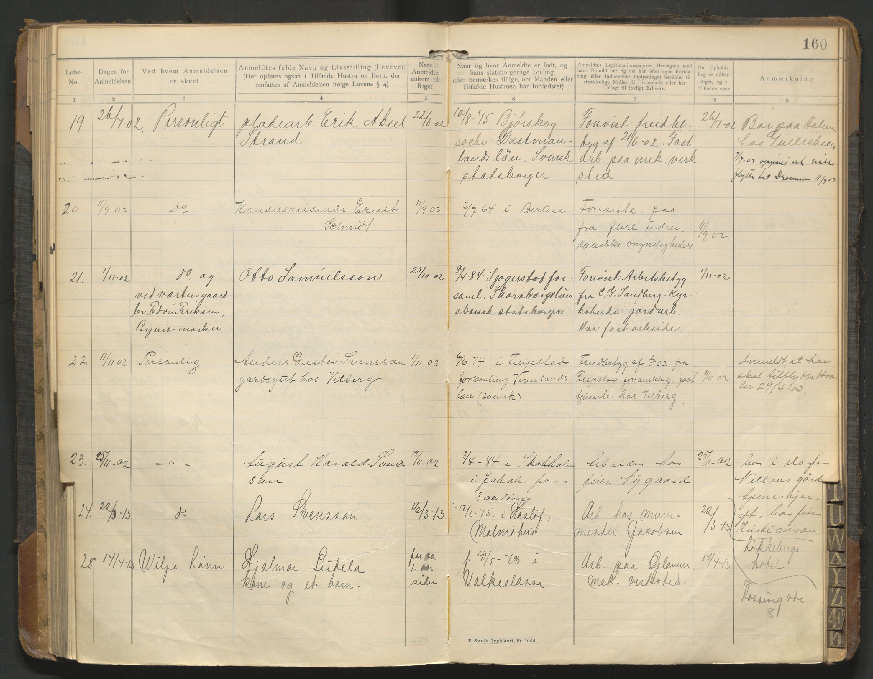 Fredrikstad politikammer, AV/SAO-A-10055/H/Hb/Hba/L0001: Protokoll over fremmede statsborgere, 1901-1916, p. 159b-160a