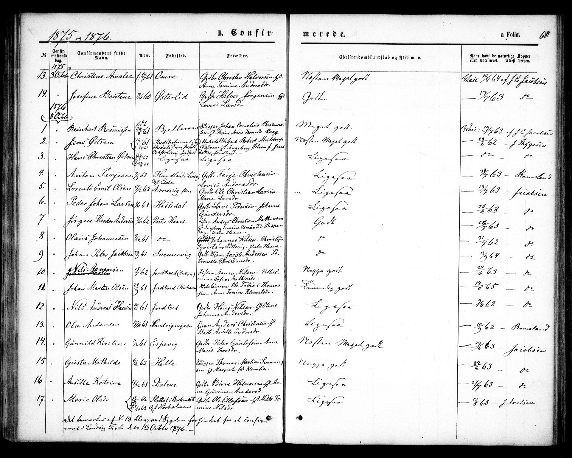 Hommedal sokneprestkontor, SAK/1111-0023/F/Fa/Faa/L0002: Parish register (official) no. A 2, 1861-1884, p. 68