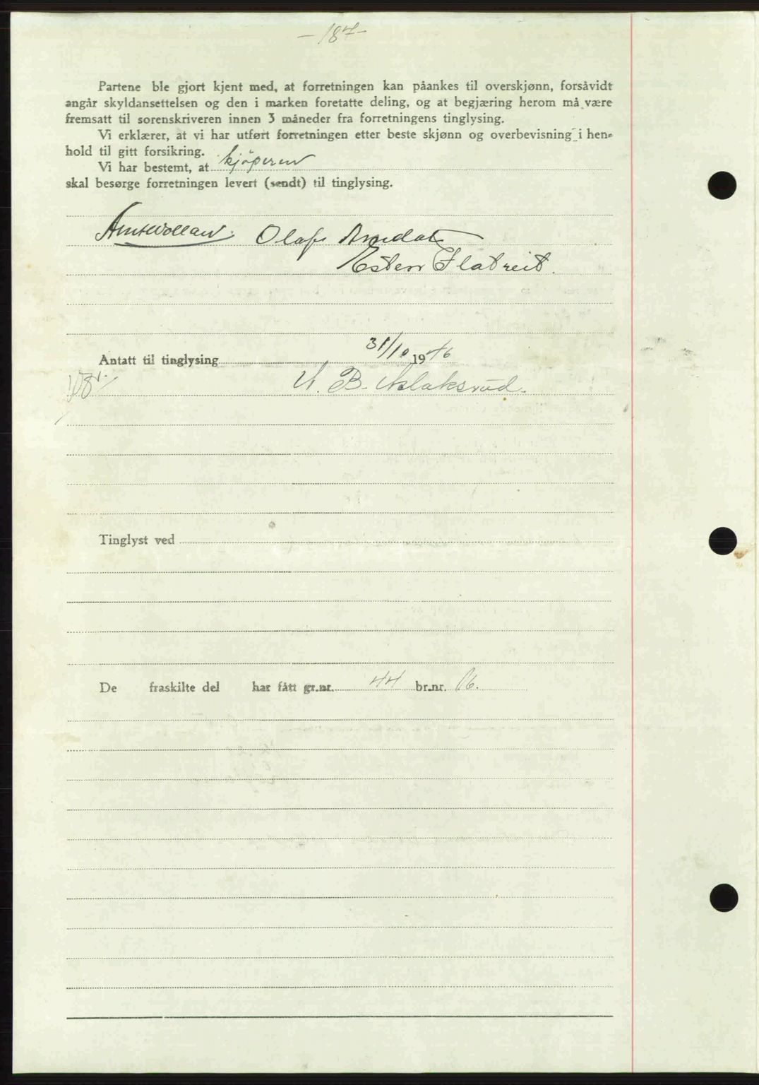 Gauldal sorenskriveri, SAT/A-0014/1/2/2C: Mortgage book no. A2, 1946-1946, Diary no: : 1037/1946
