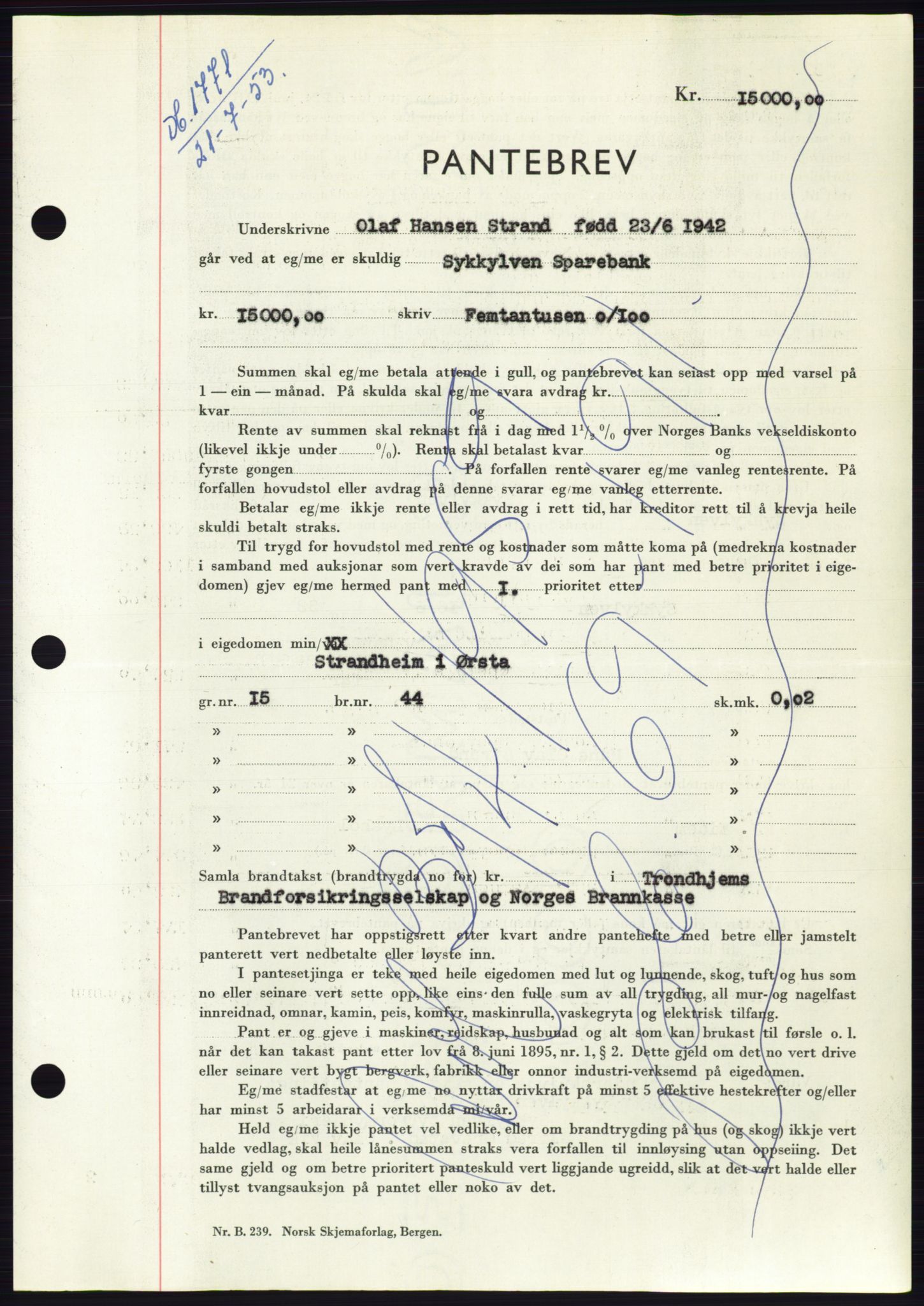 Søre Sunnmøre sorenskriveri, SAT/A-4122/1/2/2C/L0123: Mortgage book no. 11B, 1953-1953, Diary no: : 1771/1953