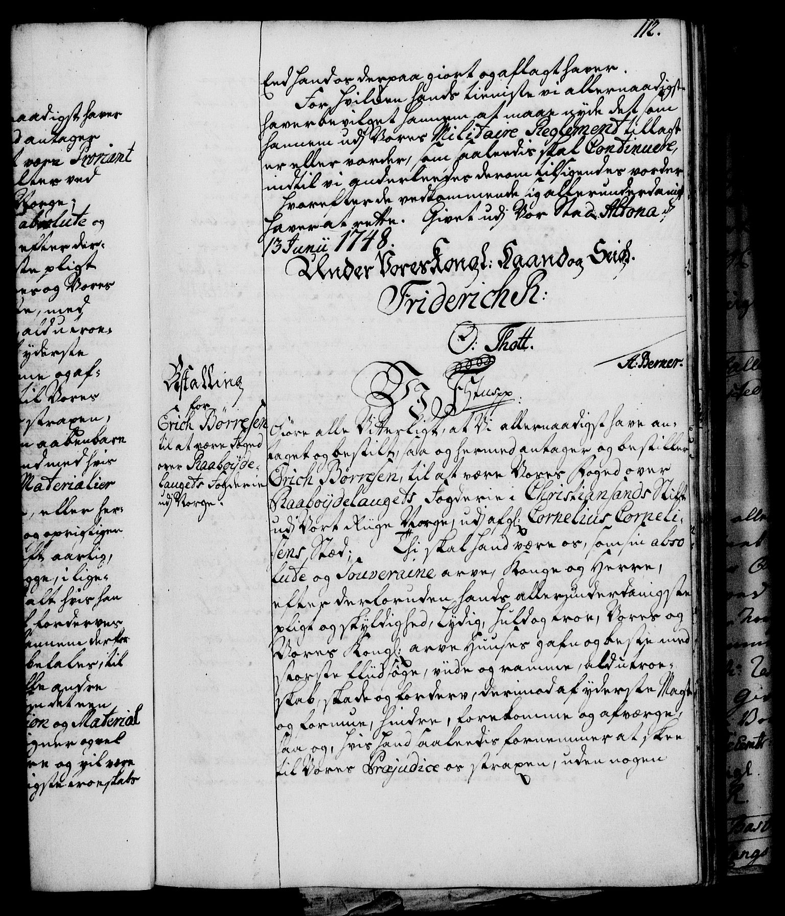 Rentekammeret, Kammerkanselliet, RA/EA-3111/G/Gg/Gge/L0003: Norsk bestallingsprotokoll med register (merket RK 53.27), 1745-1761, p. 112