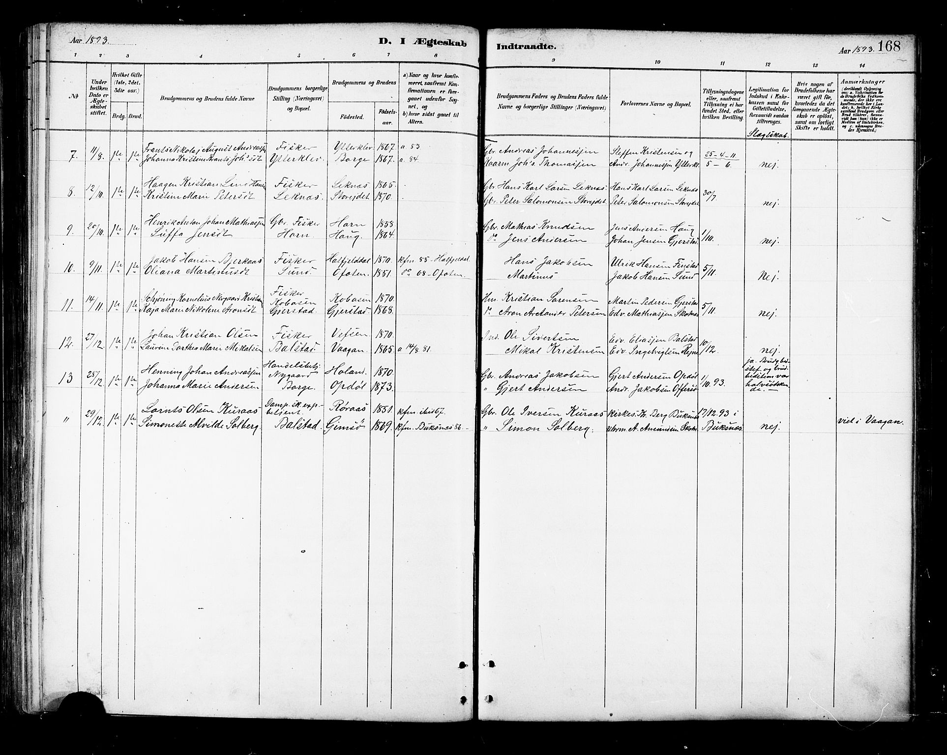 Ministerialprotokoller, klokkerbøker og fødselsregistre - Nordland, SAT/A-1459/881/L1167: Parish register (copy) no. 881C04, 1886-1899, p. 168