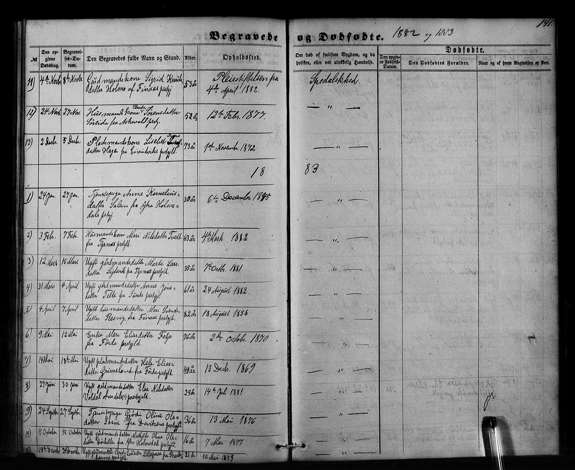 Pleiestiftelsen nr. 1 for spedalske sokneprestembete*, SAB/-: Parish register (official) no. A 1, 1859-1886, p. 141