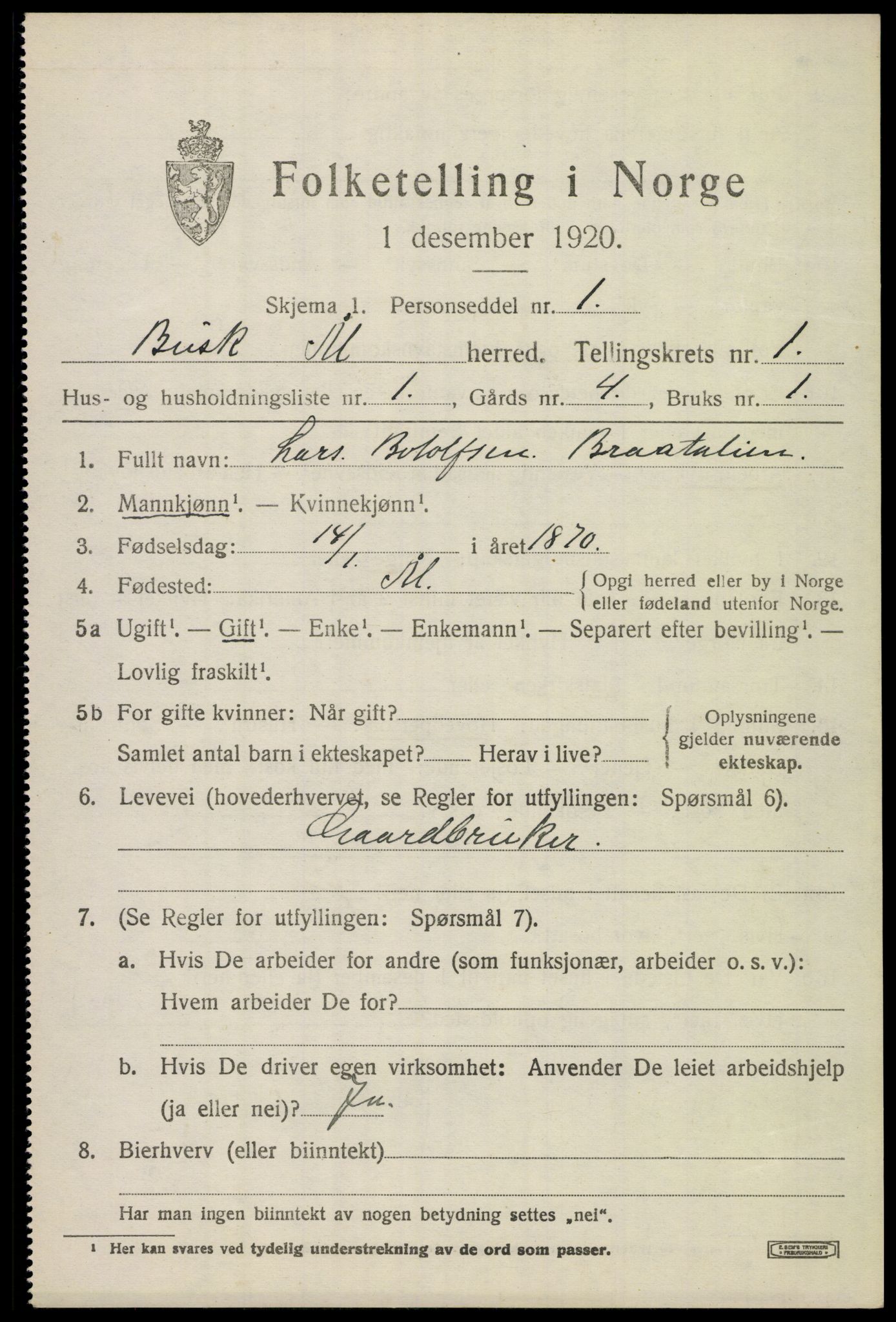 SAKO, 1920 census for Ål, 1920, p. 1398