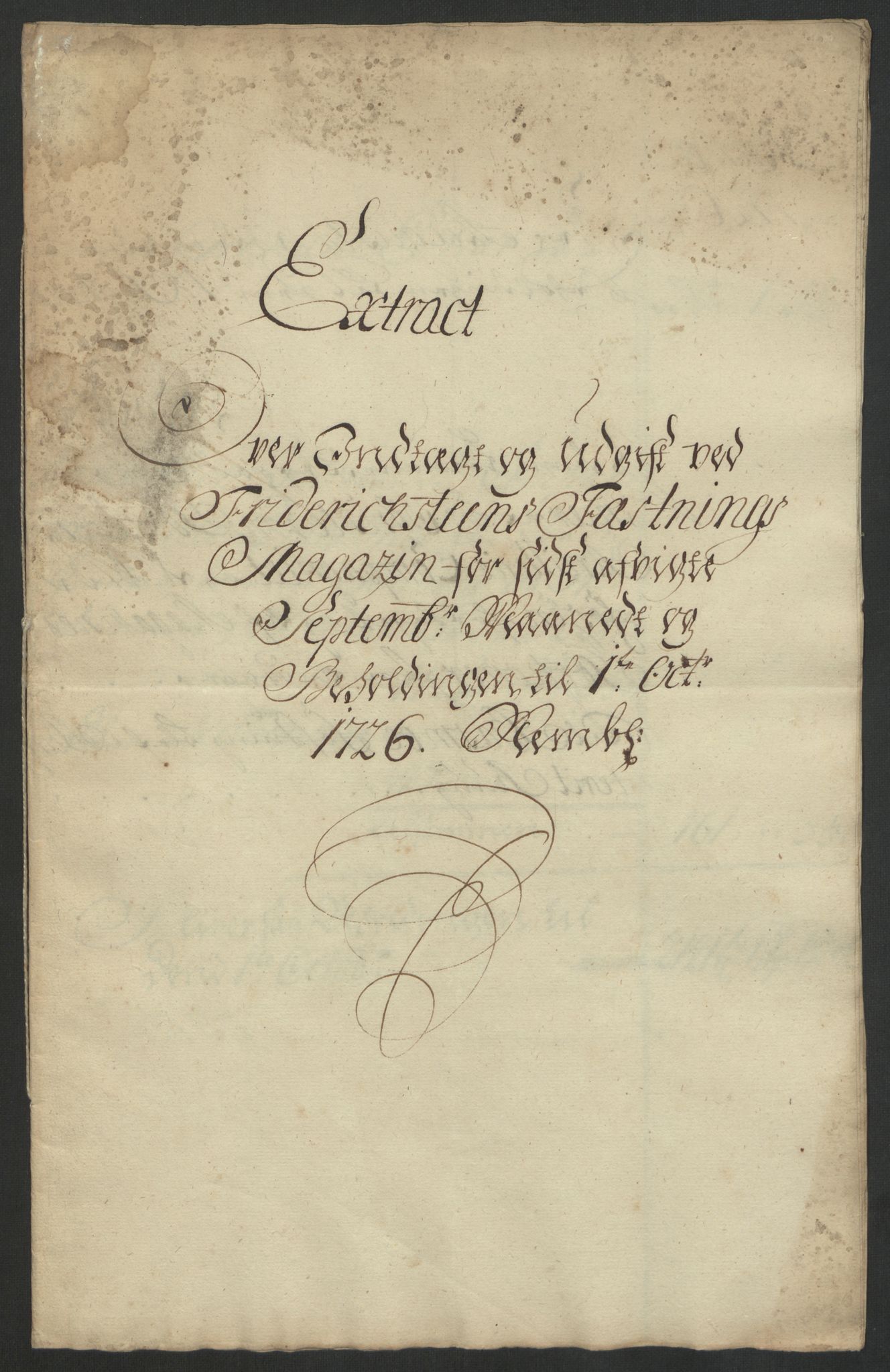 Kommanderende general (KG I) med Det norske krigsdirektorium, AV/RA-EA-5419/D/L0153: Fredriksten festning: Brev, inventarfortegnelser og regnskapsekstrakter, 1724-1729, p. 397