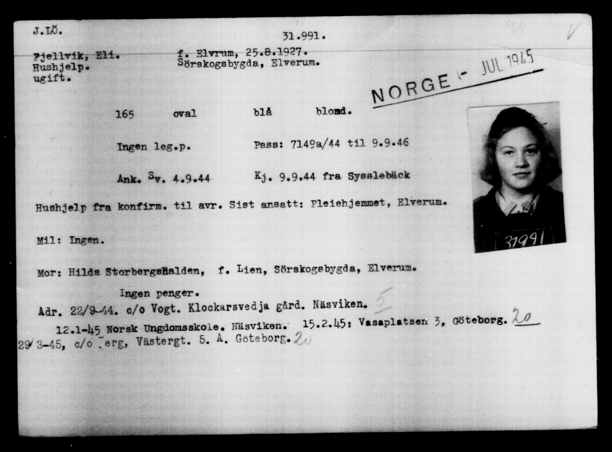 Utenriksstasjonene, Legasjonen i Stockholm, Flyktningkontoret, AV/RA-S-6753/V/Va/L0013: Kjesäterkartoteket, flyktninger med registreringsnr. 31500-34731, 1940-1945, p. 543