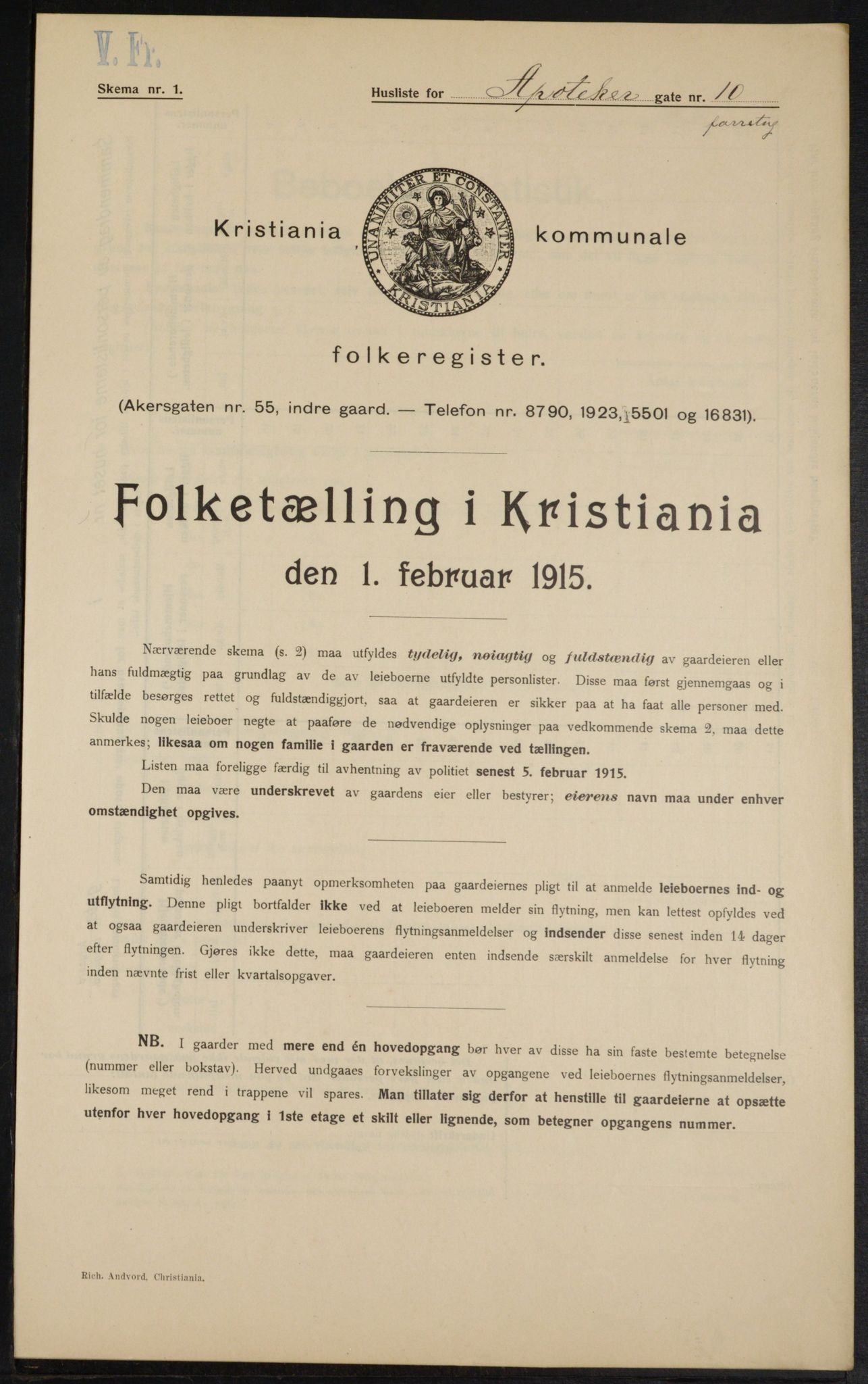 OBA, Municipal Census 1915 for Kristiania, 1915, p. 1416