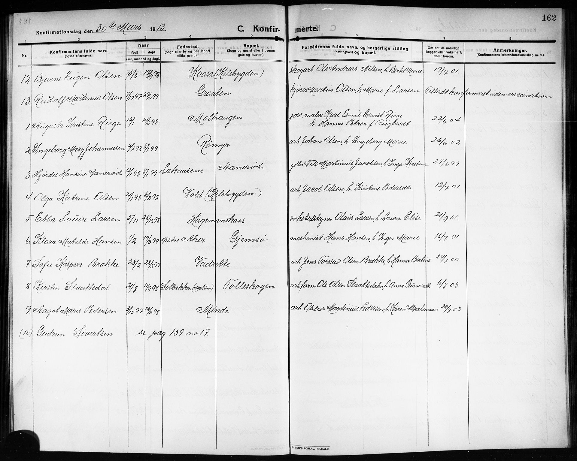 Solum kirkebøker, AV/SAKO-A-306/G/Ga/L0009: Parish register (copy) no. I 9, 1909-1922, p. 162