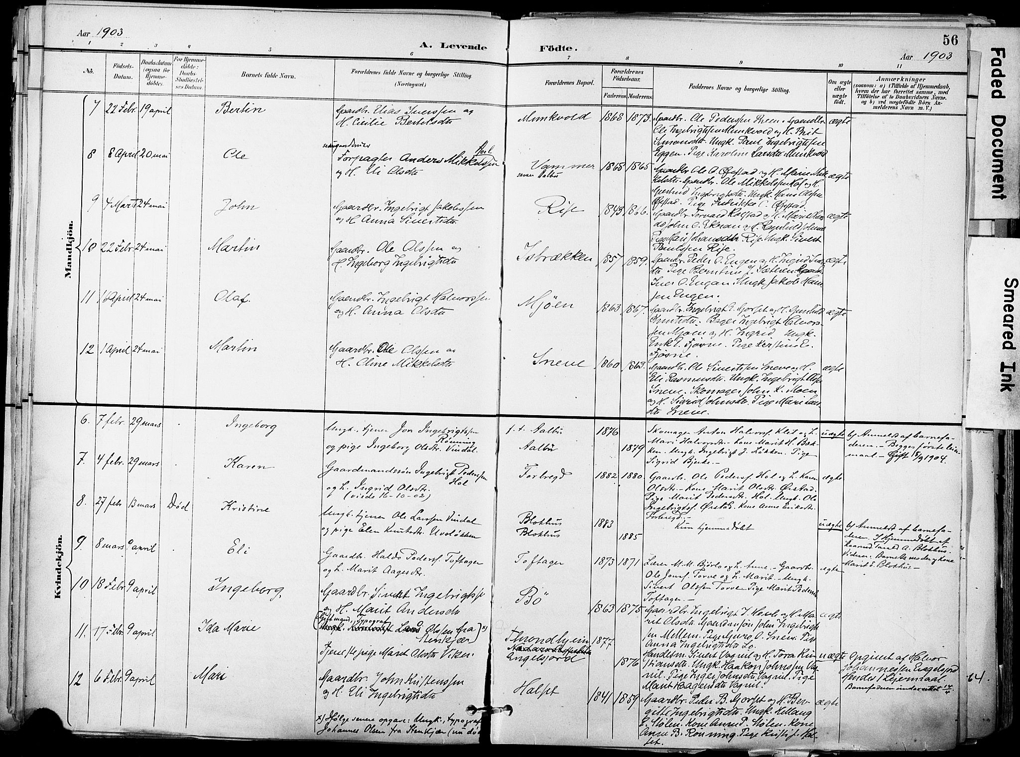 Ministerialprotokoller, klokkerbøker og fødselsregistre - Sør-Trøndelag, SAT/A-1456/678/L0902: Parish register (official) no. 678A11, 1895-1911, p. 56