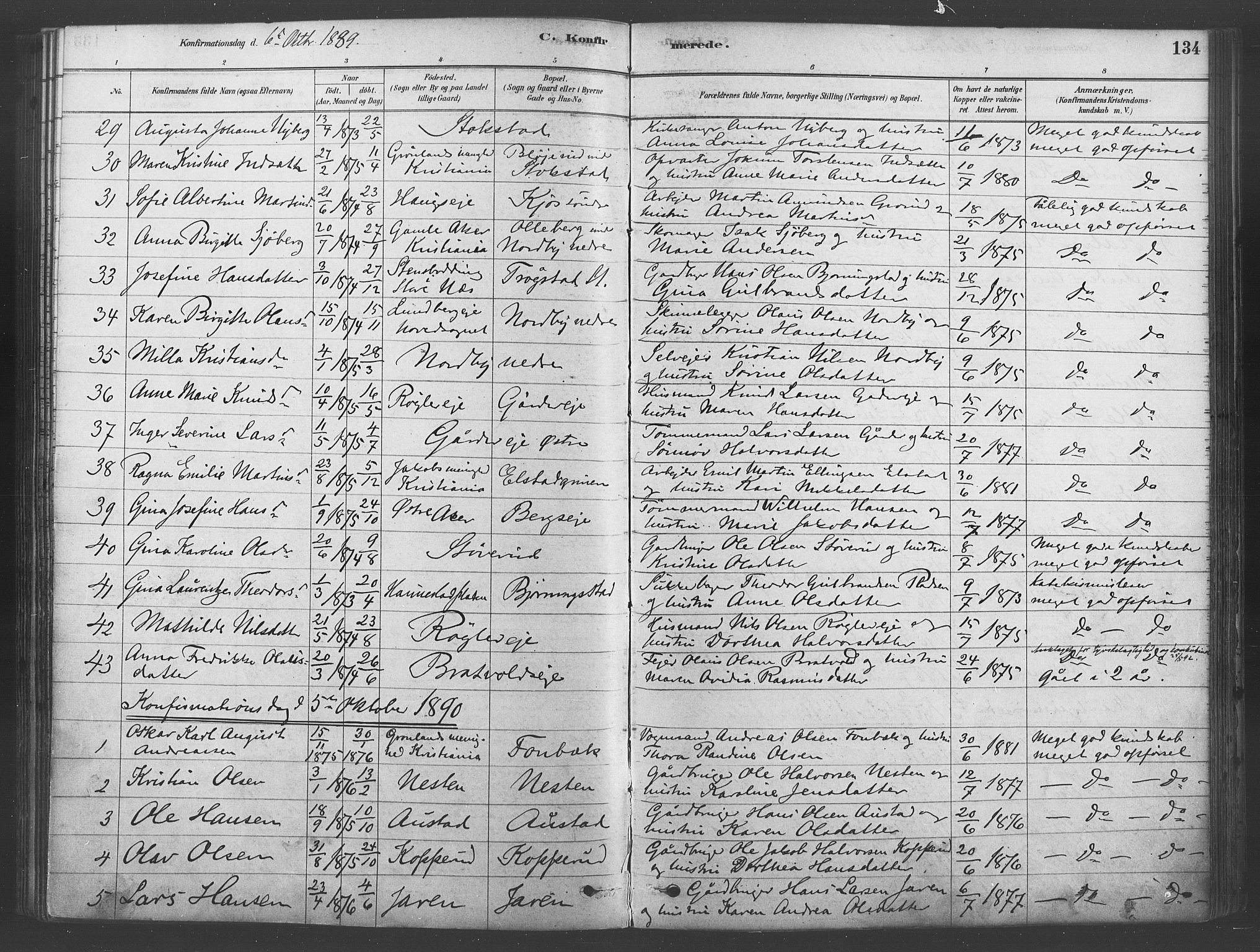 Ullensaker prestekontor Kirkebøker, SAO/A-10236a/F/Fb/L0001: Parish register (official) no. II 1, 1878-1893, p. 134