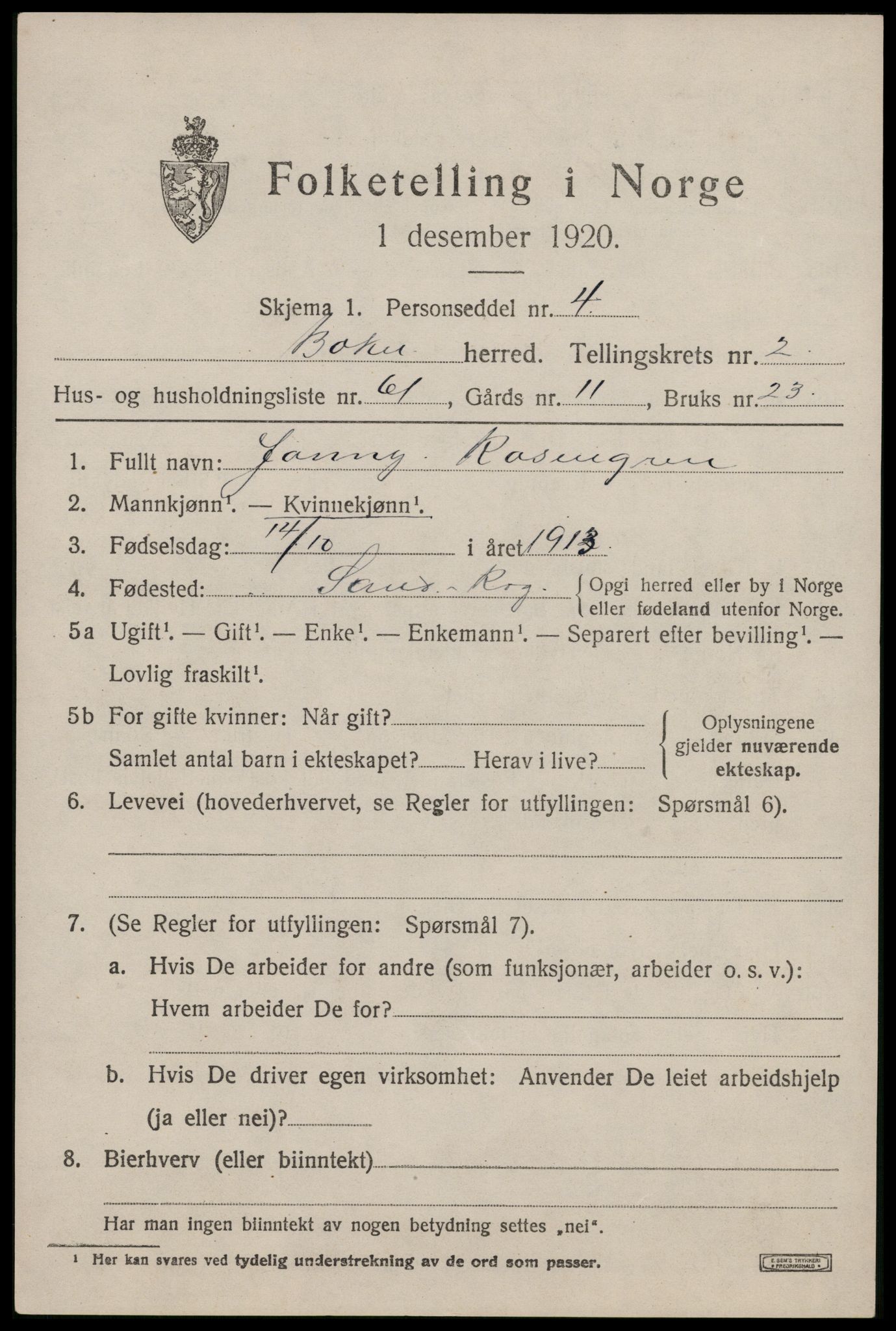 SAST, 1920 census for Bokn, 1920, p. 1318