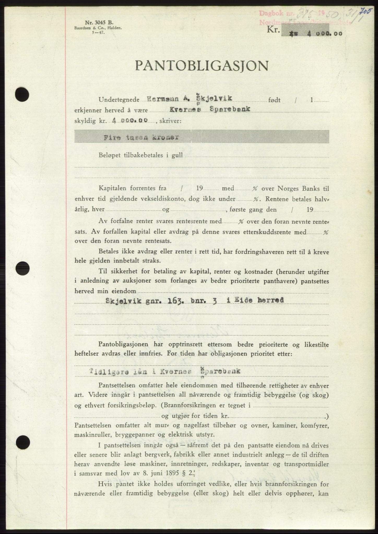 Nordmøre sorenskriveri, AV/SAT-A-4132/1/2/2Ca: Mortgage book no. B103, 1949-1950, Diary no: : 315/1950