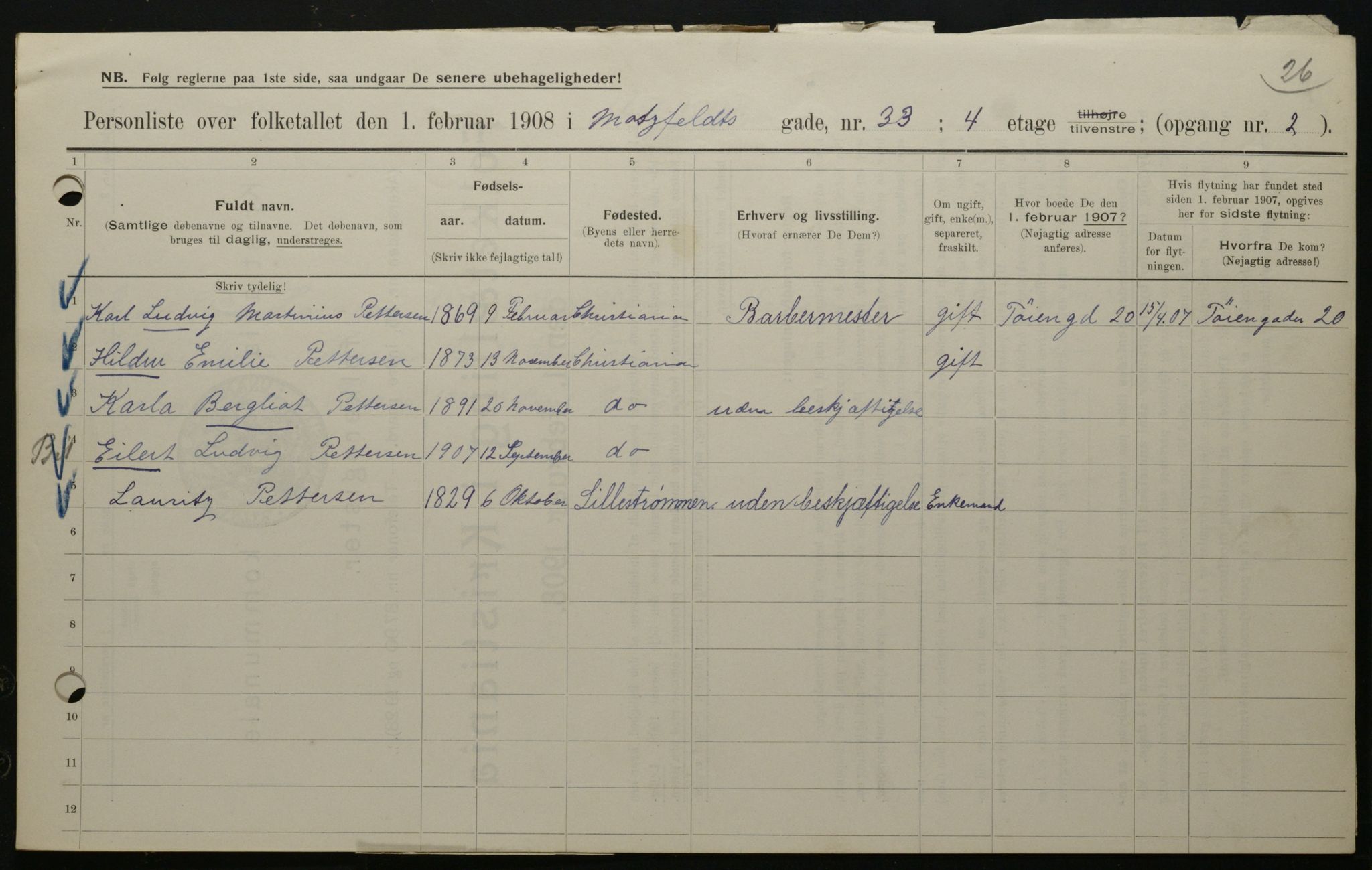 OBA, Municipal Census 1908 for Kristiania, 1908, p. 59695