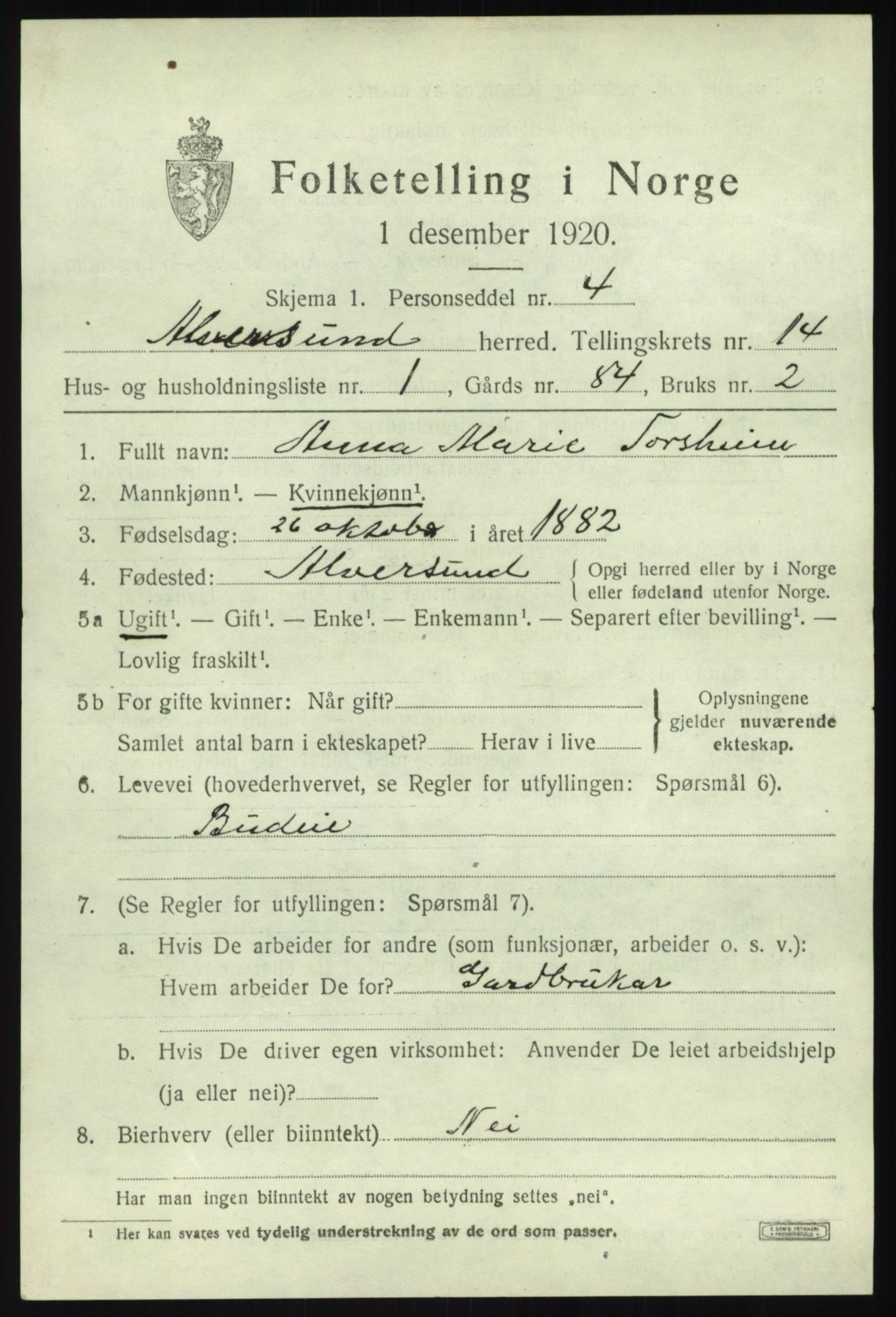 SAB, 1920 census for Alversund, 1920, p. 7674