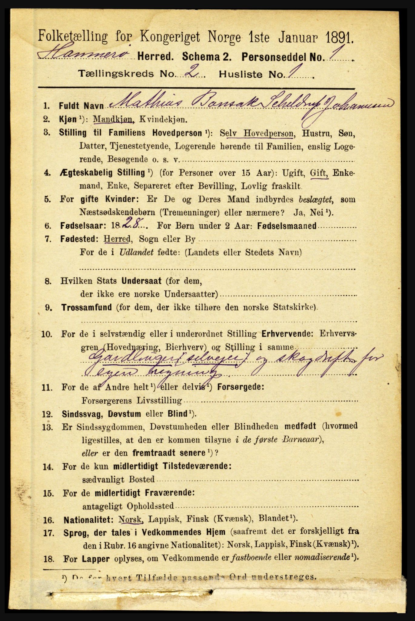 RA, 1891 census for 1849 Hamarøy, 1891, p. 580