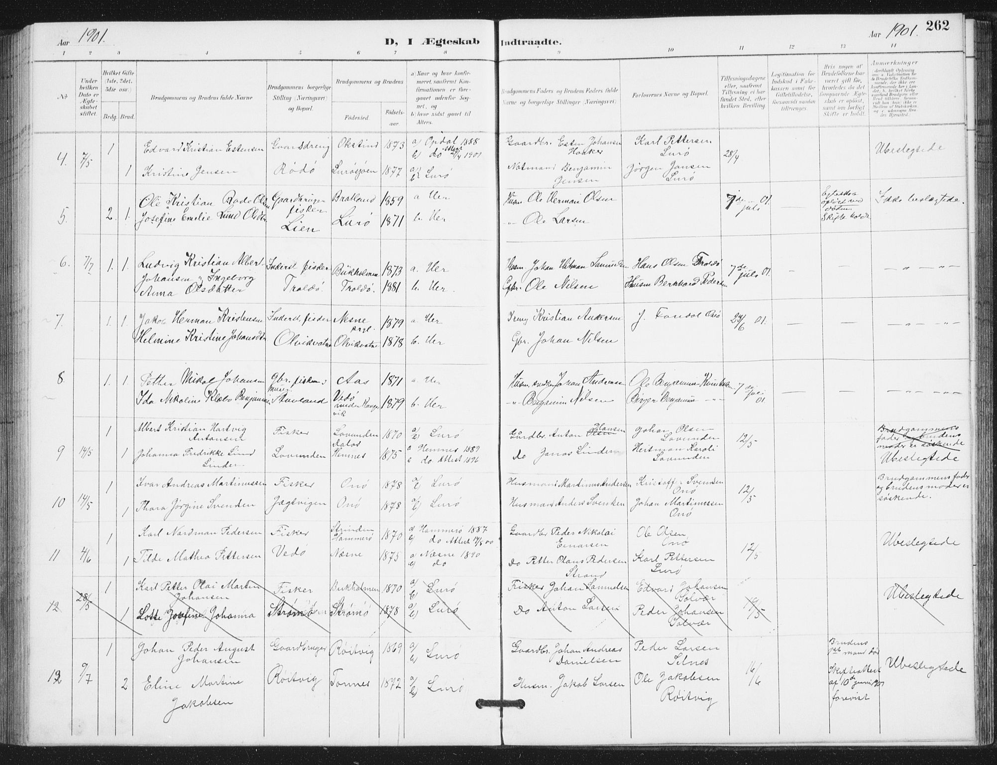 Ministerialprotokoller, klokkerbøker og fødselsregistre - Nordland, AV/SAT-A-1459/839/L0573: Parish register (copy) no. 839C03, 1892-1917, p. 262