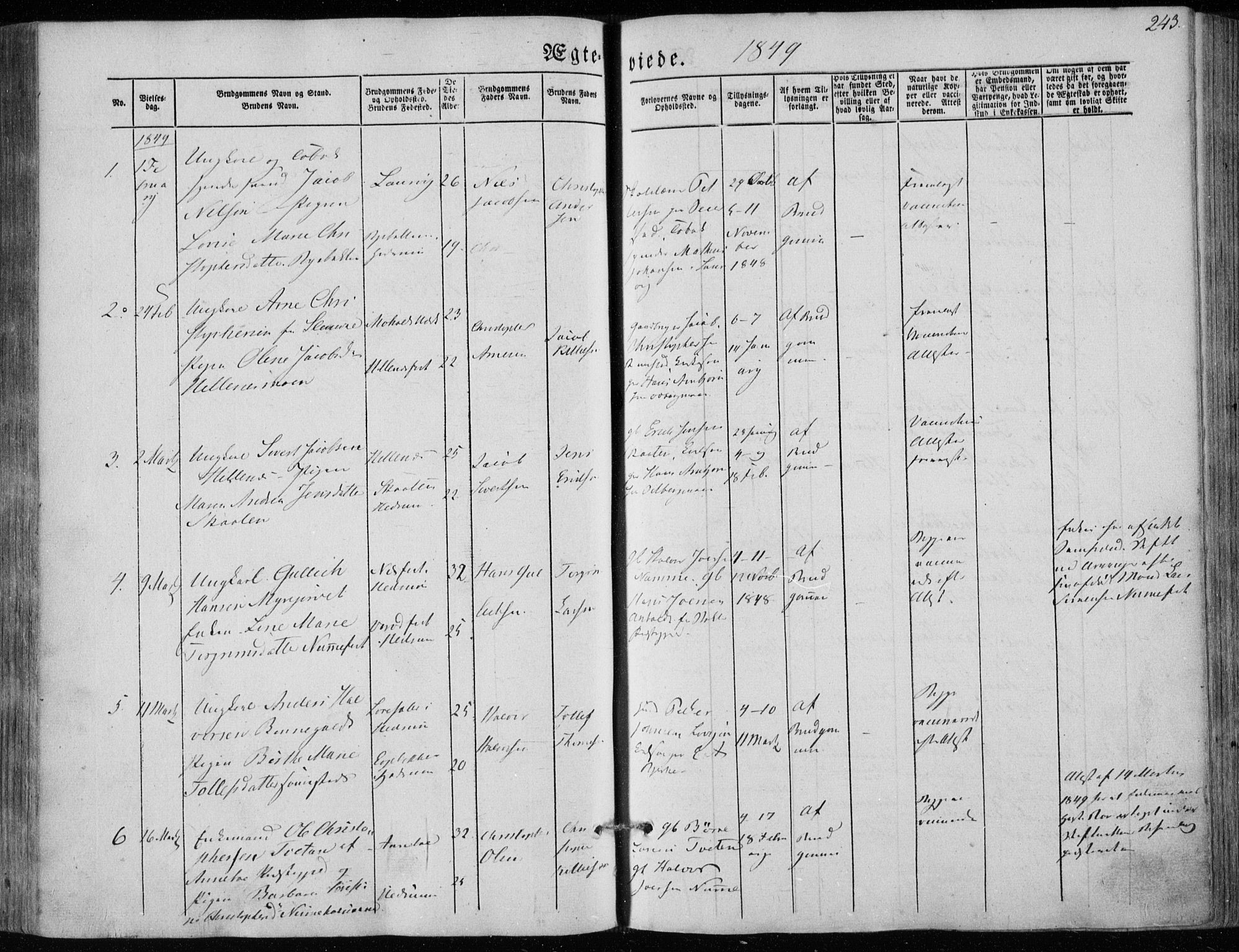 Hedrum kirkebøker, SAKO/A-344/F/Fa/L0006: Parish register (official) no. I 6, 1849-1857, p. 243