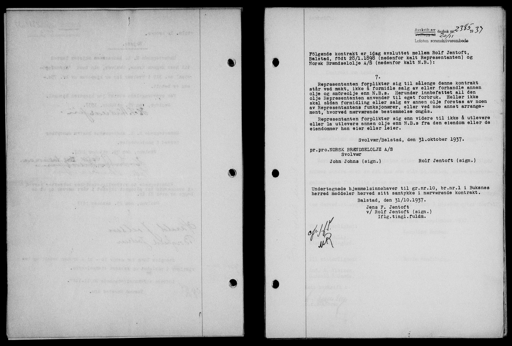 Lofoten sorenskriveri, SAT/A-0017/1/2/2C/L0003a: Mortgage book no. 3a, 1937-1938, Diary no: : 2385/1937