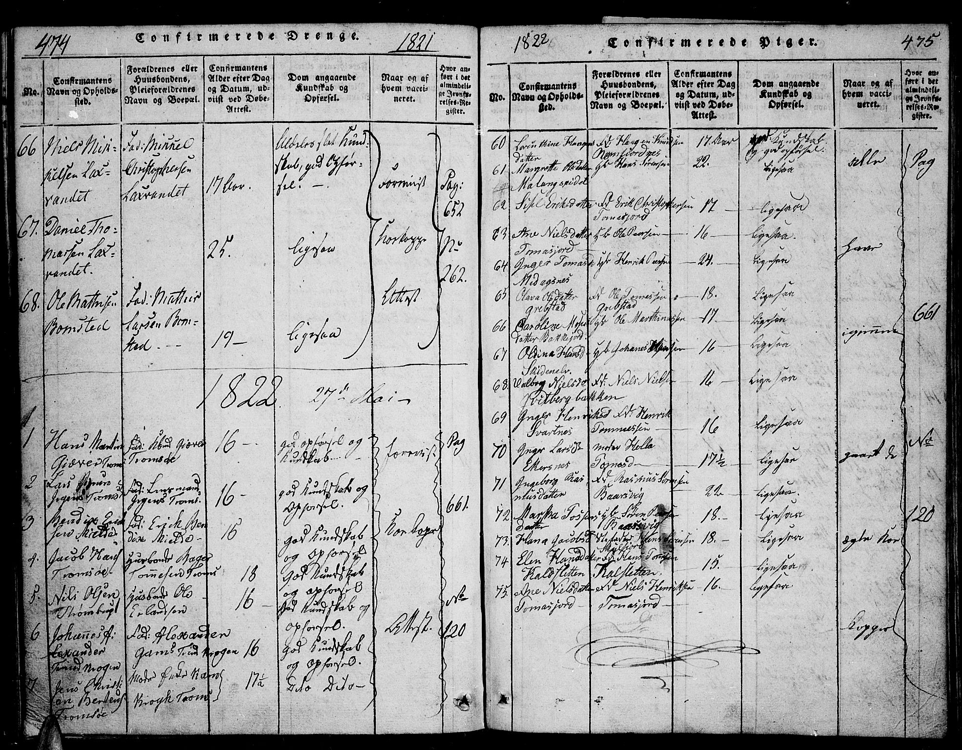Tromsø sokneprestkontor/stiftsprosti/domprosti, SATØ/S-1343/G/Ga/L0007kirke: Parish register (official) no. 7, 1821-1828, p. 474-475