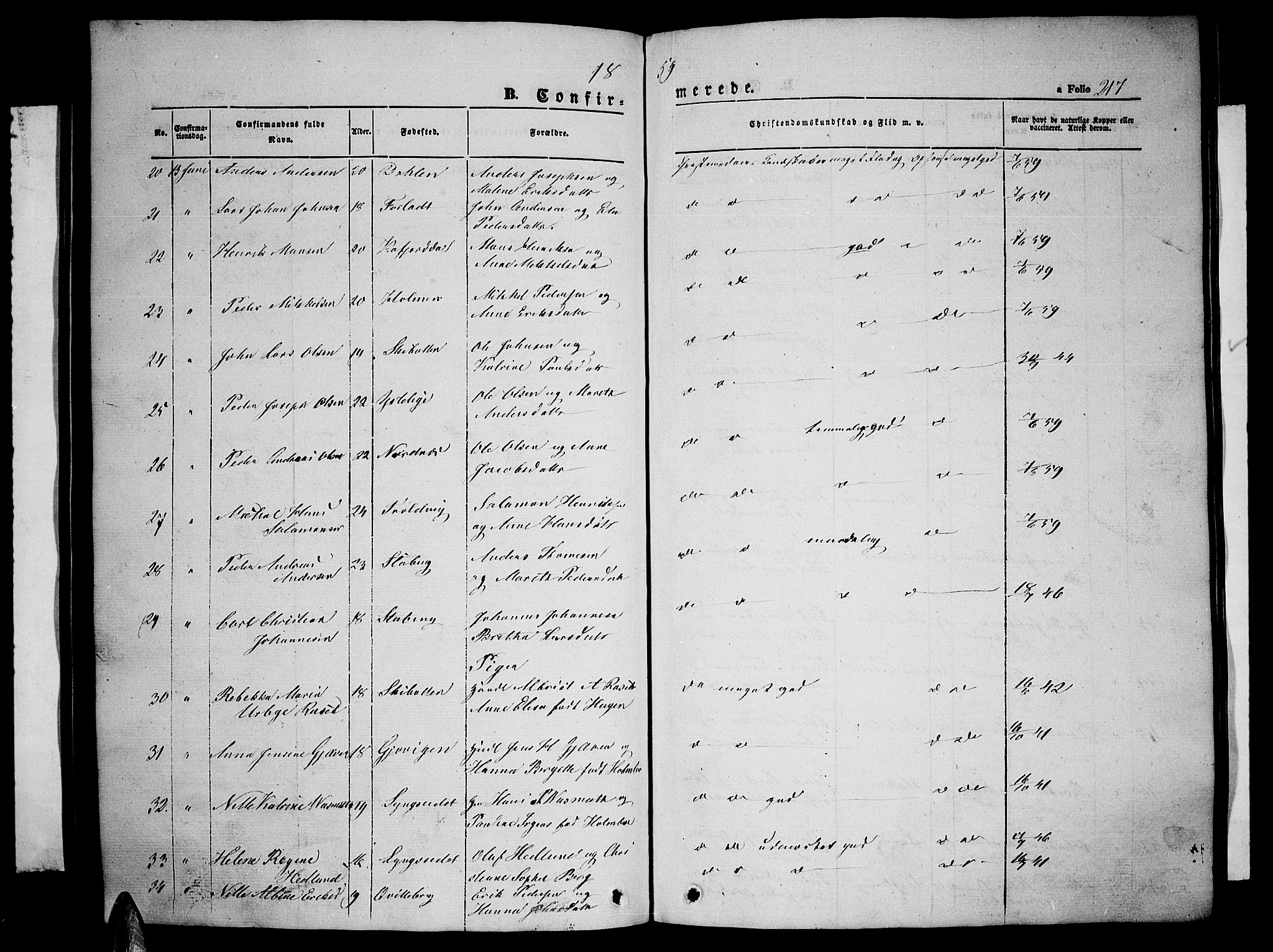 Lyngen sokneprestembete, AV/SATØ-S-1289/H/He/Heb/L0002klokker: Parish register (copy) no. 2, 1839-1860, p. 217