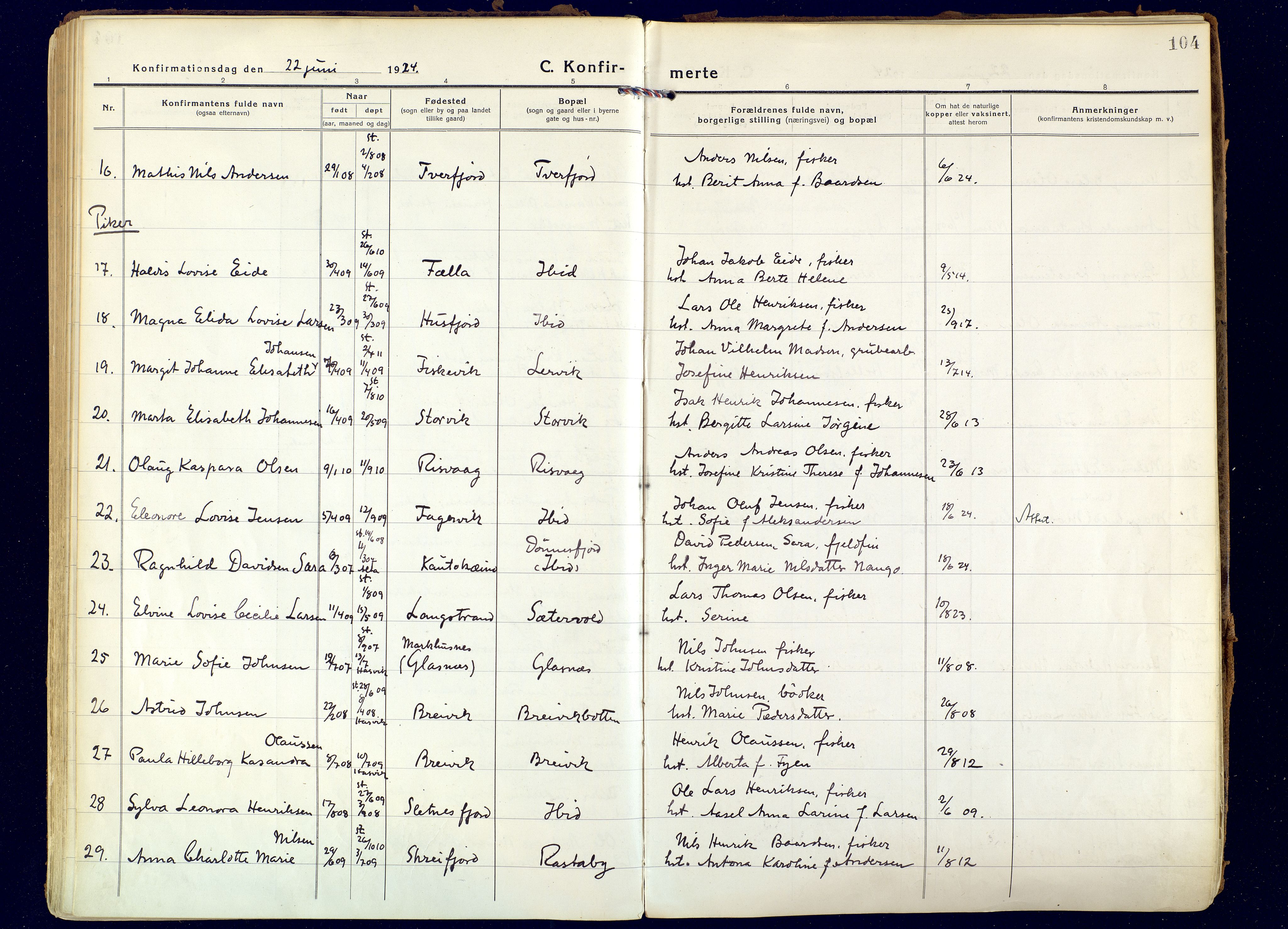 Hammerfest sokneprestkontor, AV/SATØ-S-1347/H/Ha/L0018.kirke: Parish register (official) no. 18, 1918-1933, p. 104