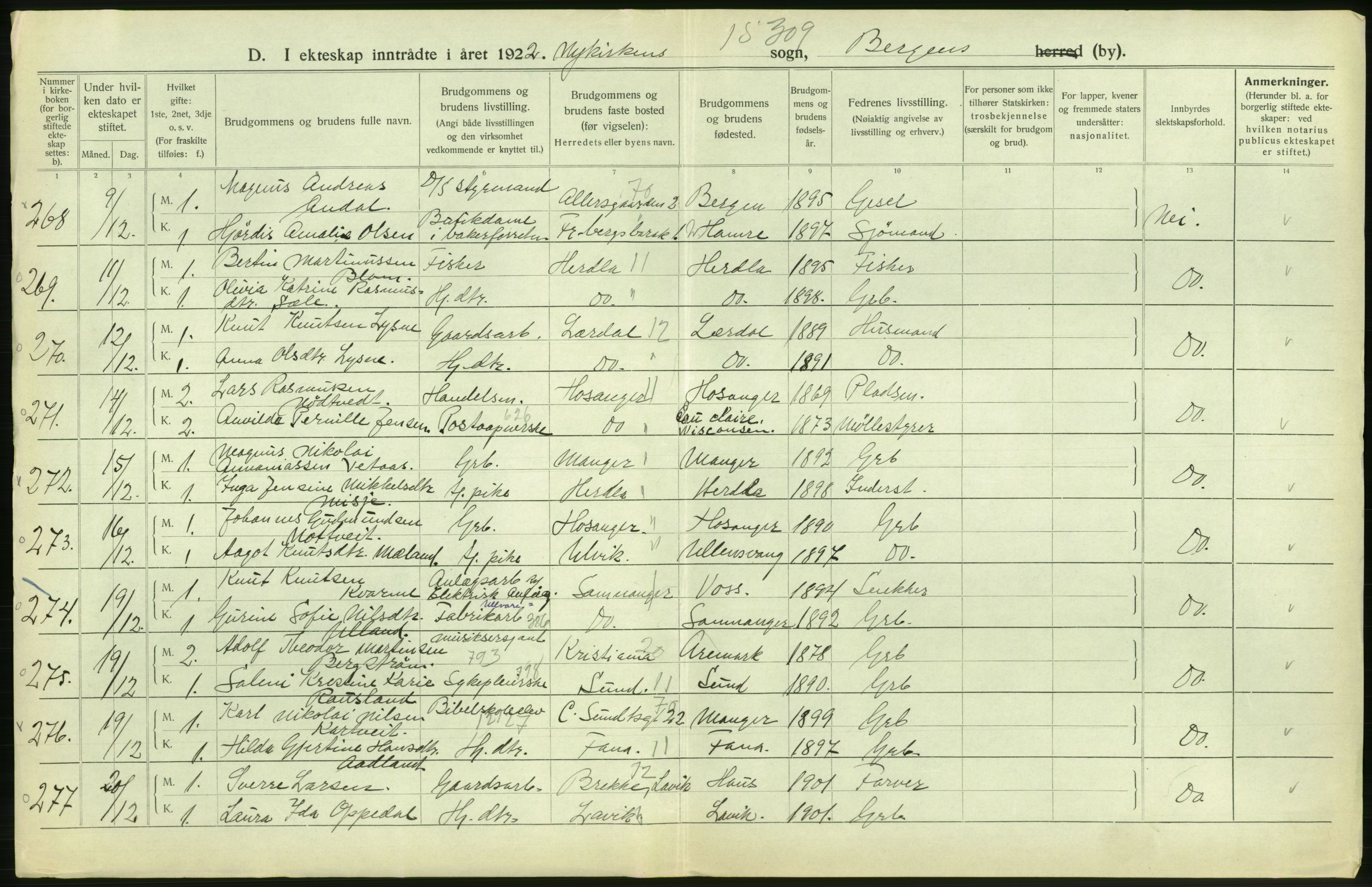 Statistisk sentralbyrå, Sosiodemografiske emner, Befolkning, AV/RA-S-2228/D/Df/Dfc/Dfcb/L0030: Bergen: Gifte, døde, dødfødte., 1922, p. 176