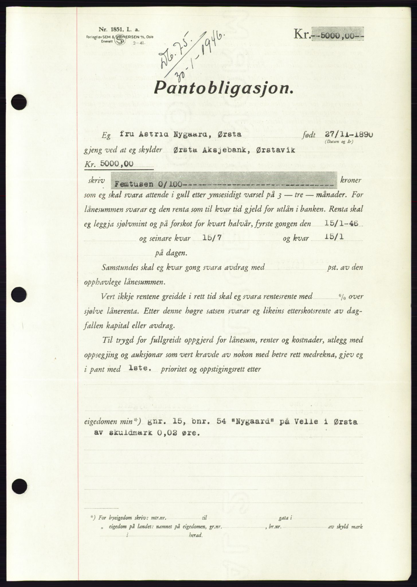 Søre Sunnmøre sorenskriveri, AV/SAT-A-4122/1/2/2C/L0114: Mortgage book no. 1-2B, 1943-1947, Diary no: : 75/1946