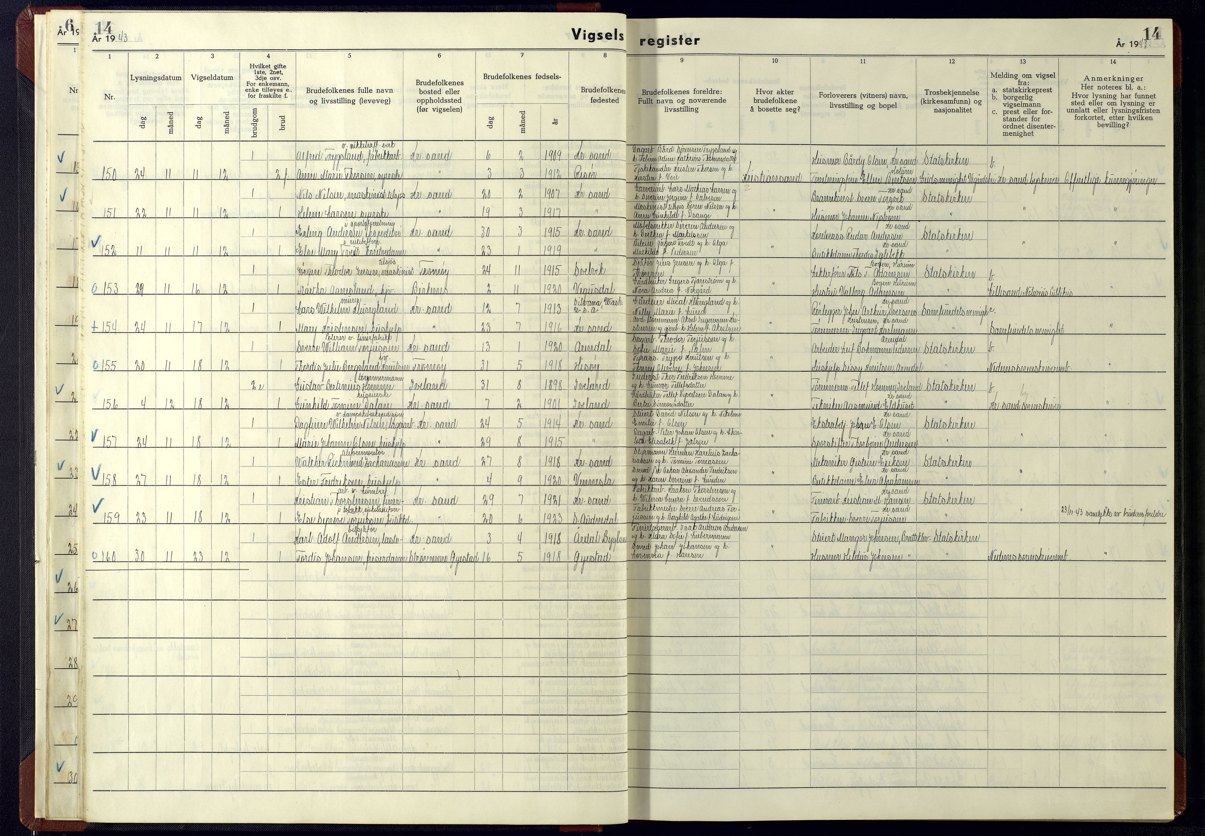 Kristiansand domprosti, AV/SAK-1112-0006/J/Ja/L0003: Marriage register no. A-VI-15, 1942-1945, p. 14