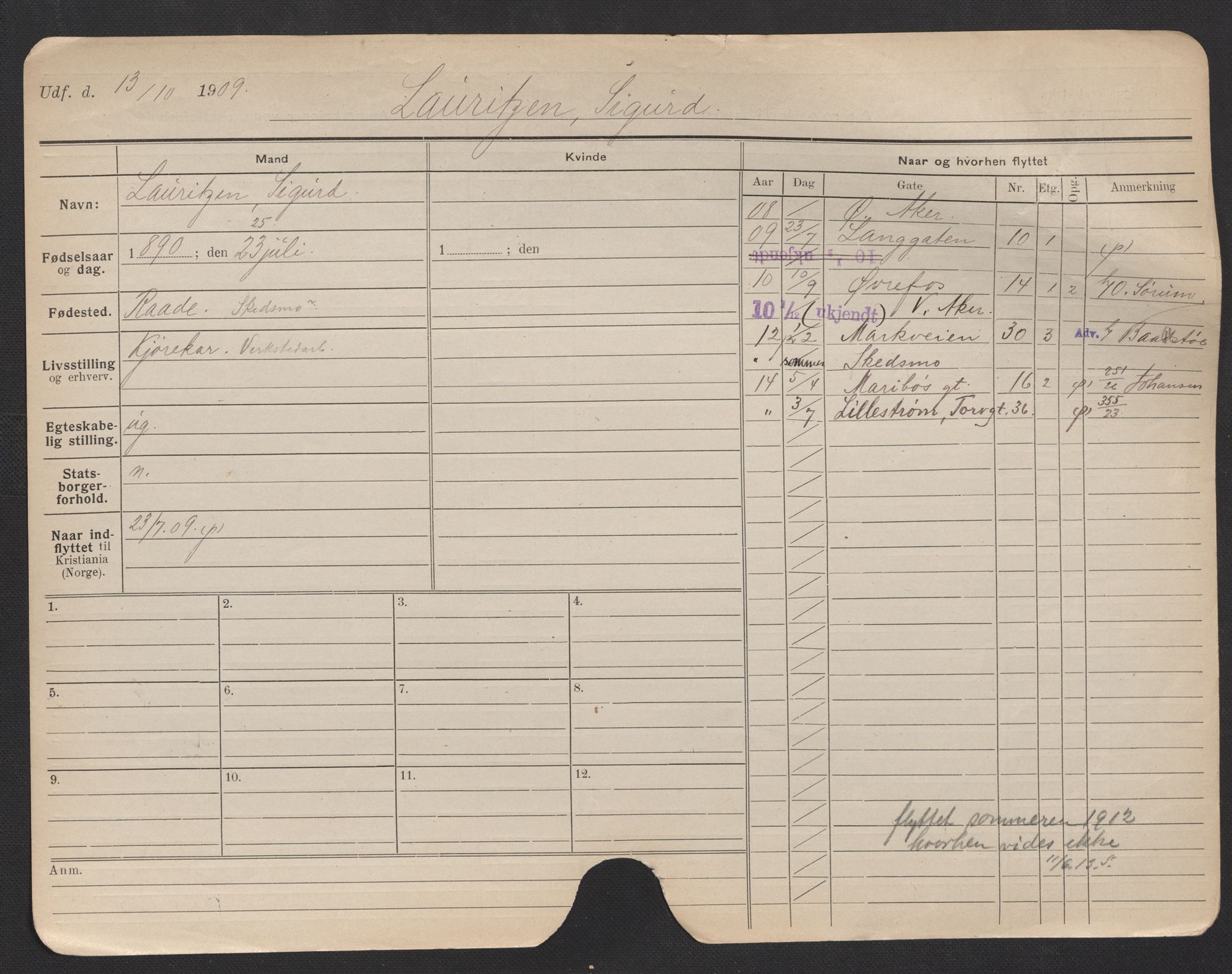 Oslo folkeregister, Registerkort, AV/SAO-A-11715/F/Fa/Fac/L0007: Menn, 1906-1914, p. 26a