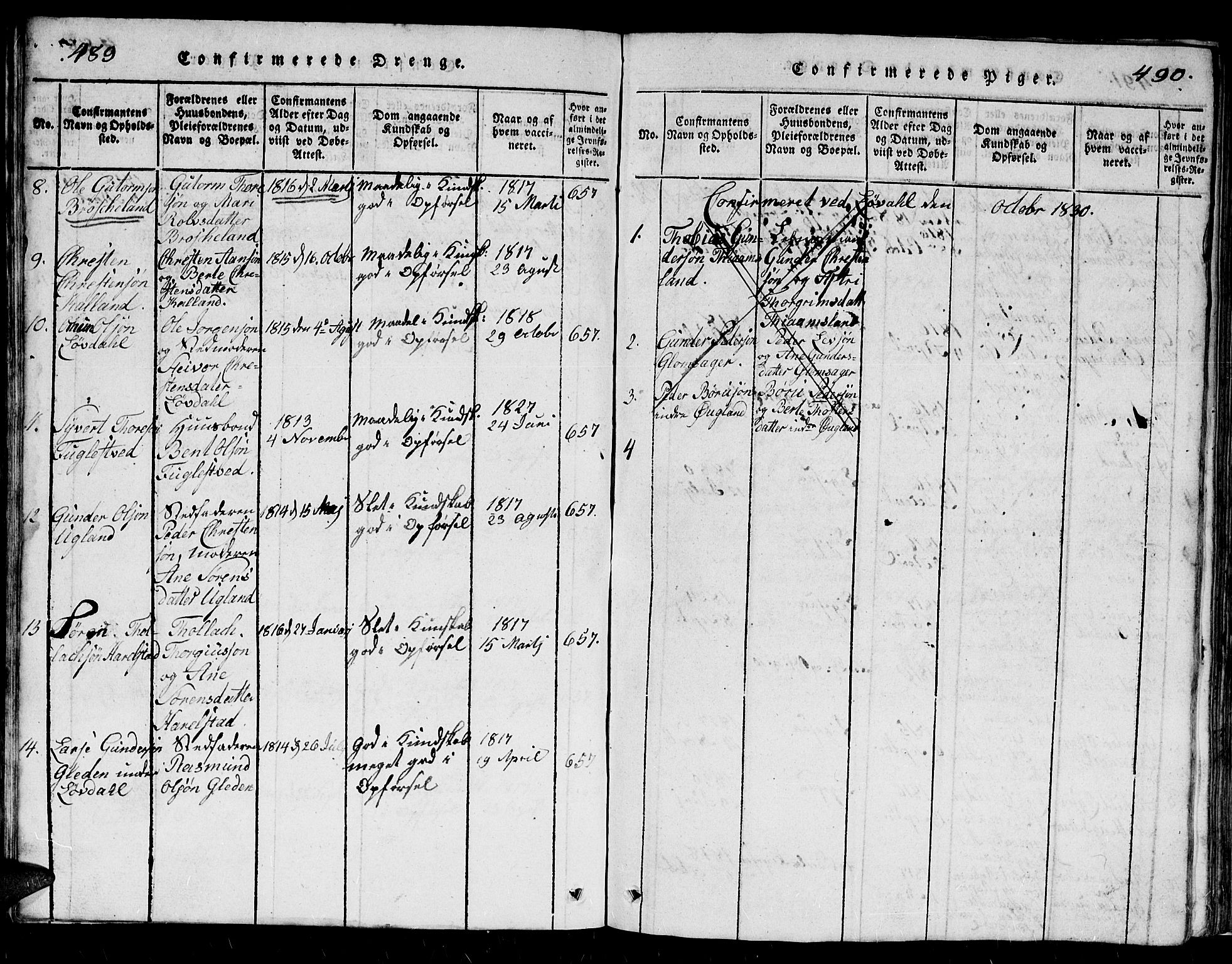 Holum sokneprestkontor, AV/SAK-1111-0022/F/Fb/Fbb/L0001: Parish register (copy) no. B 1, 1820-1847, p. 489-490