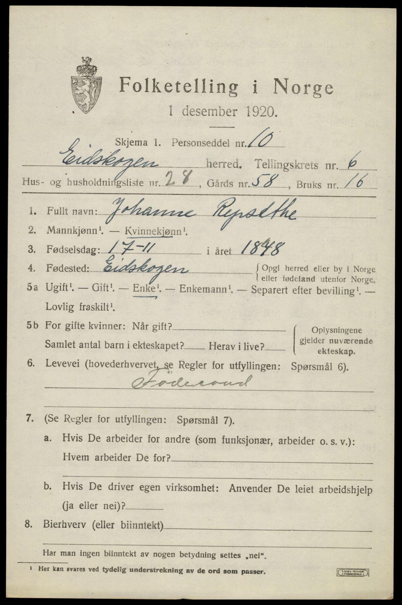 SAH, 1920 census for Eidskog, 1920, p. 6705