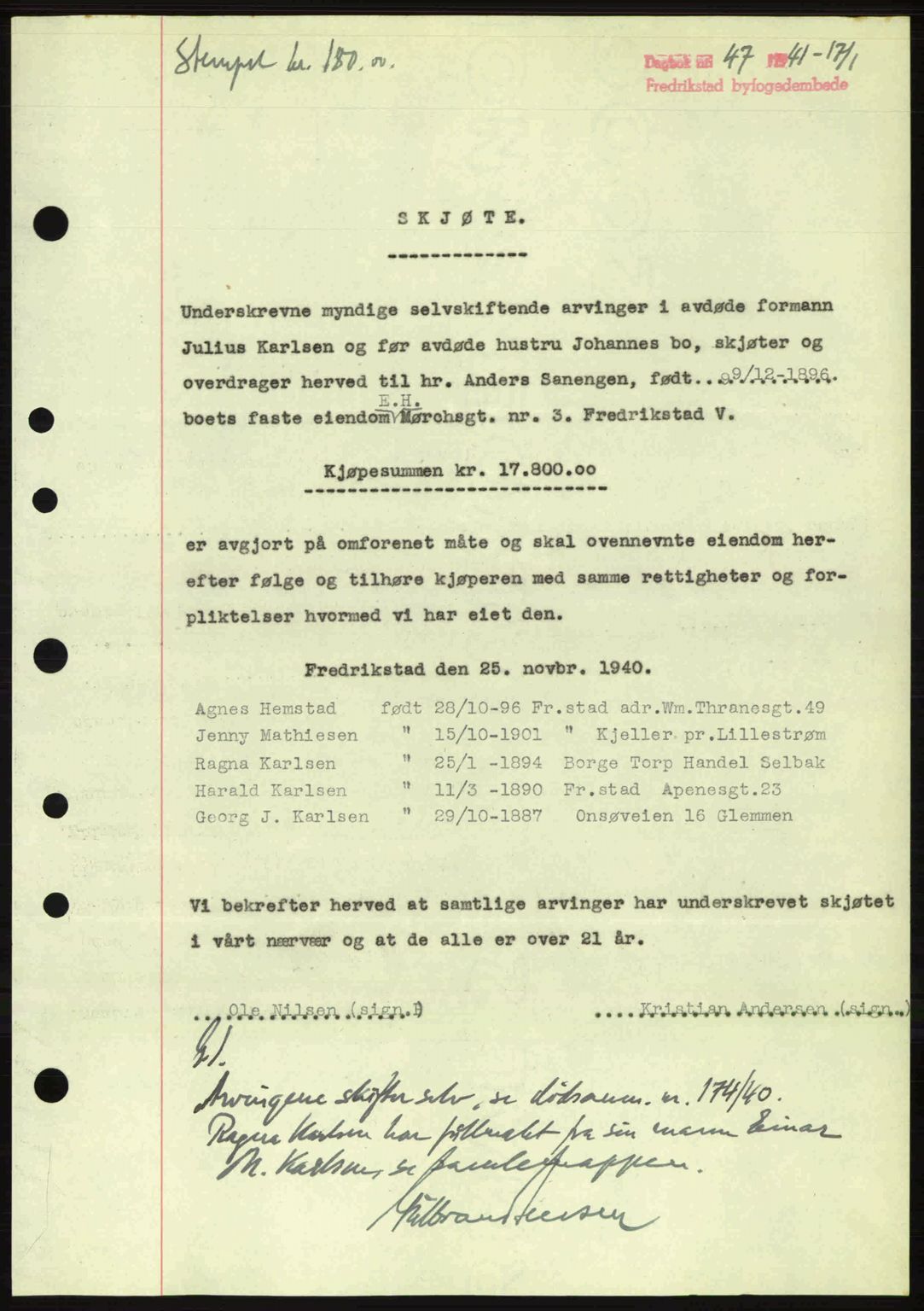 Fredrikstad byfogd, AV/SAO-A-10473a/G/Ga/Gac/L0002: Mortgage book no. A32a, 1940-1945, Diary no: : 47/1941