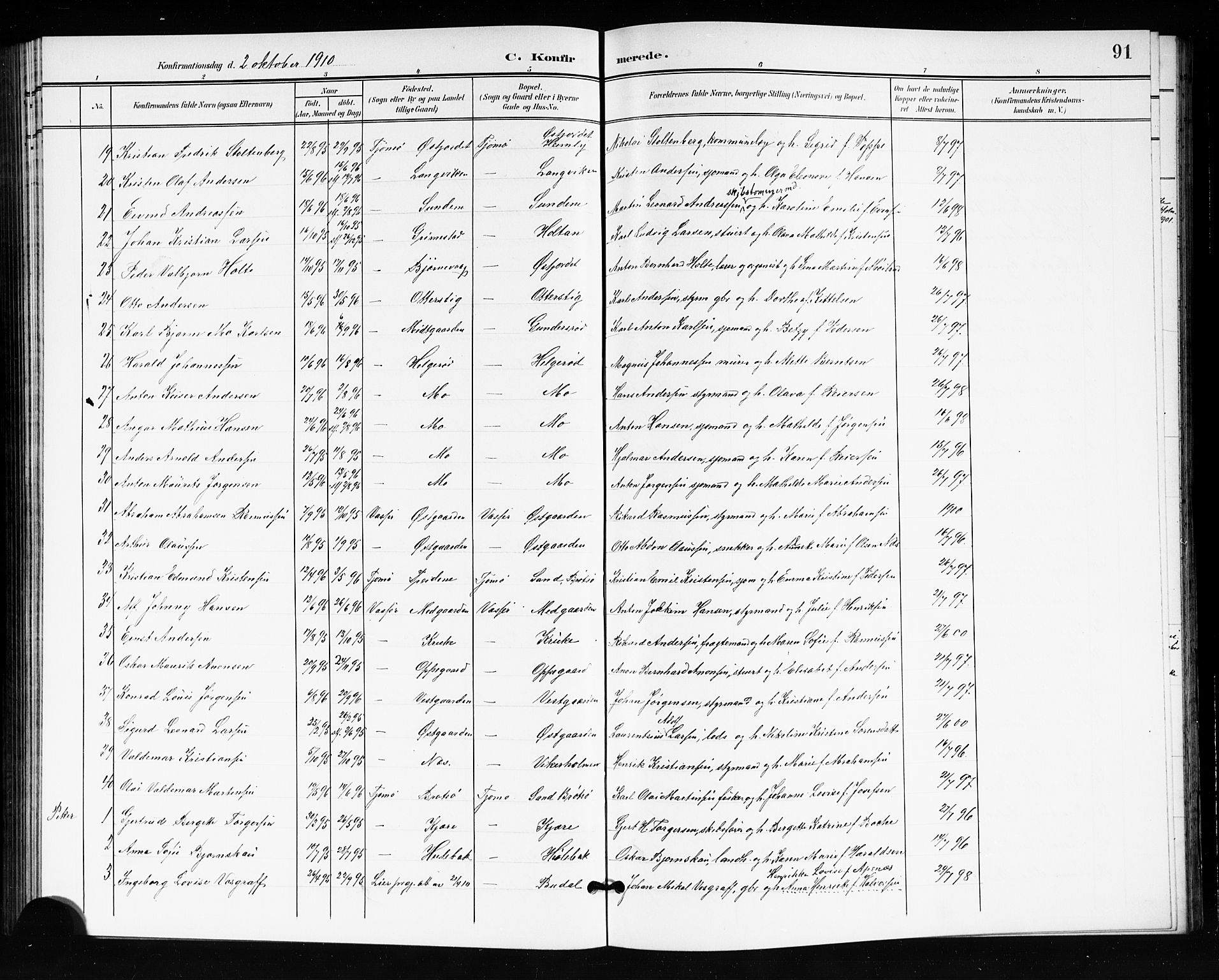 Tjøme kirkebøker, AV/SAKO-A-328/G/Ga/L0001: Parish register (copy) no. I 1, 1901-1910, p. 91