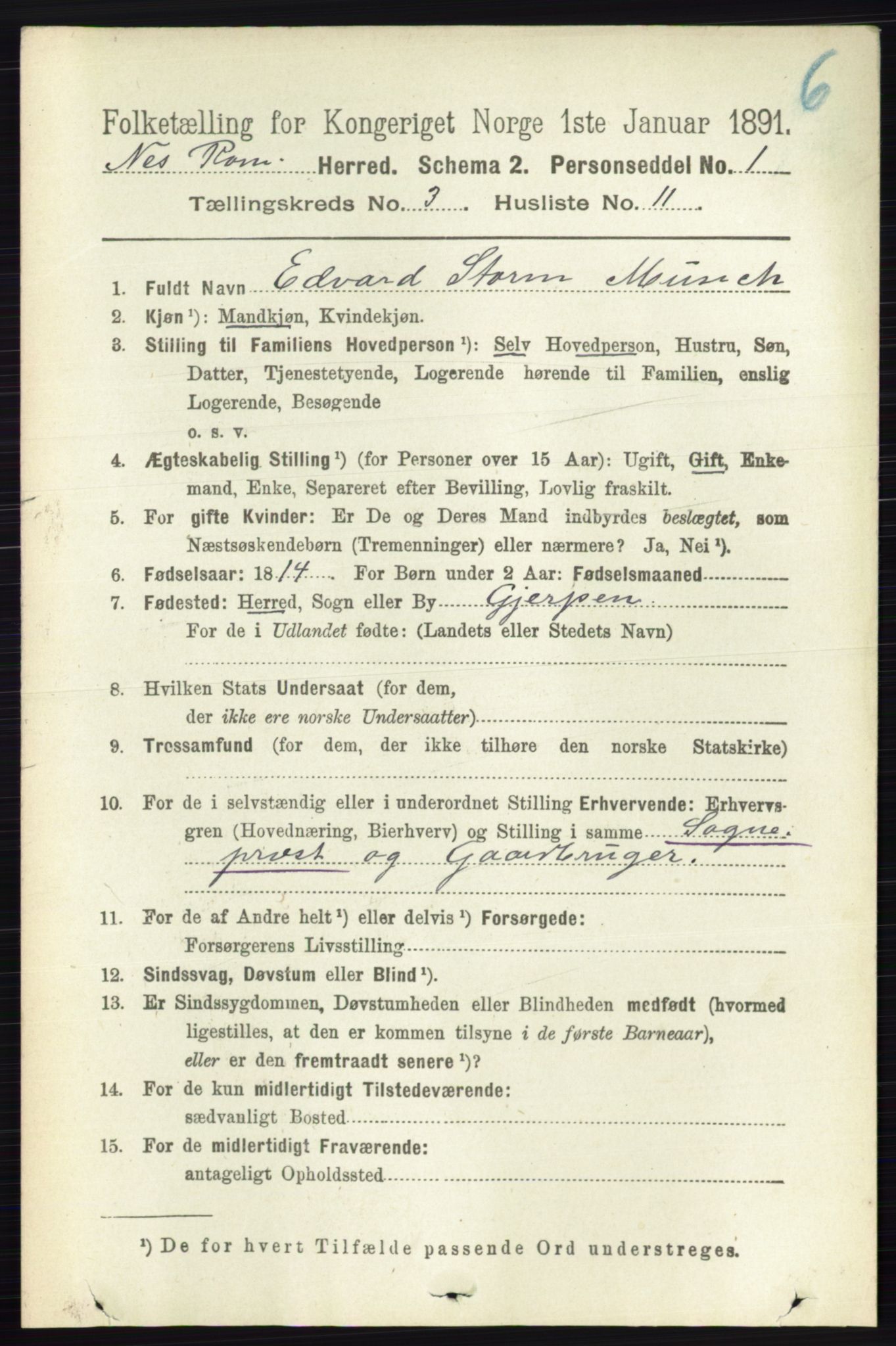 RA, 1891 census for 0236 Nes, 1891, p. 1664