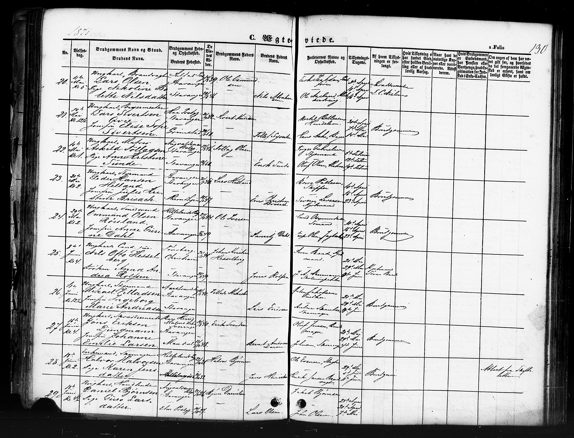 Domkirken sokneprestkontor, AV/SAST-A-101812/001/30/30BB/L0011: Parish register (copy) no. B 11, 1858-1876, p. 130