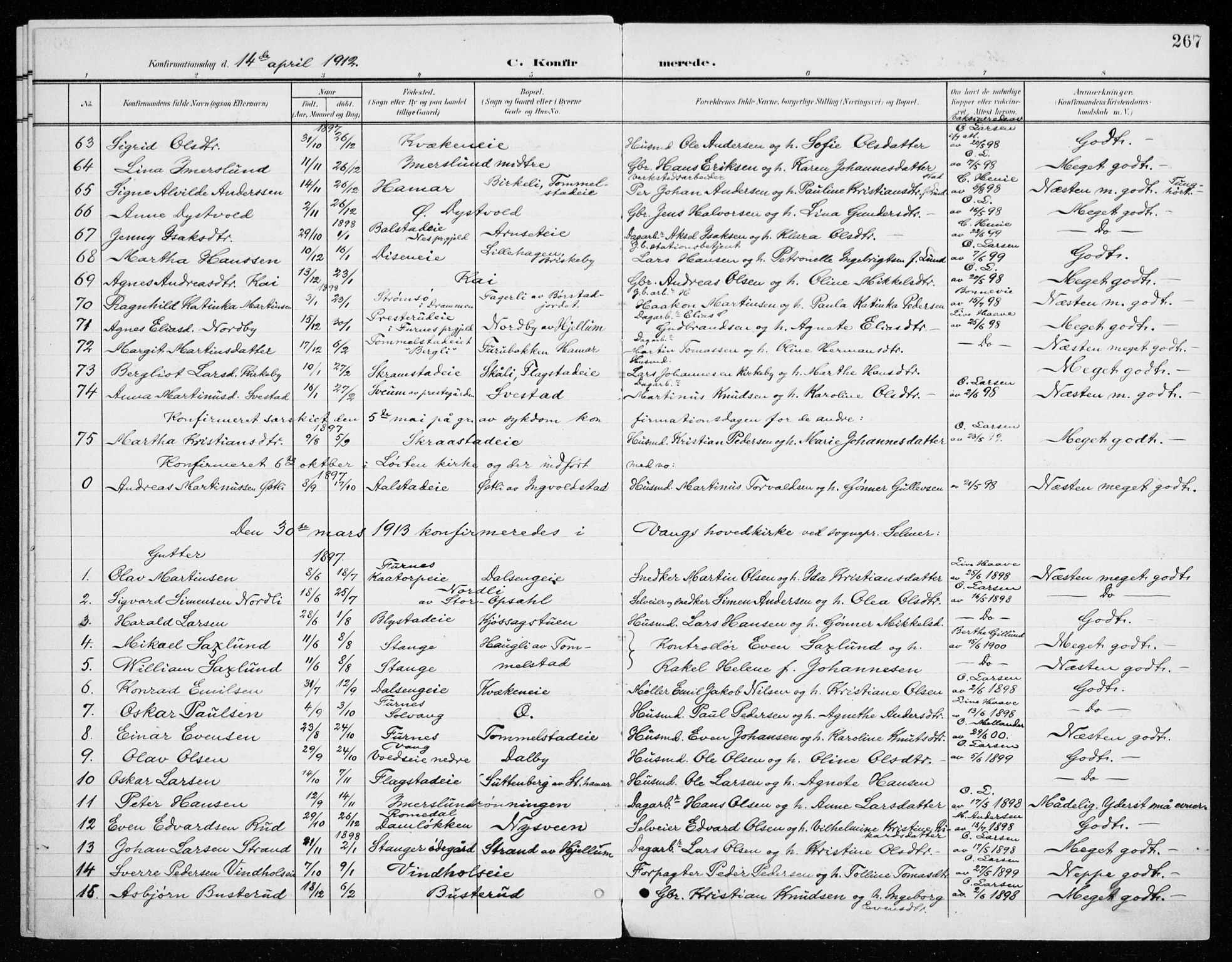 Vang prestekontor, Hedmark, SAH/PREST-008/H/Ha/Haa/L0021: Parish register (official) no. 21, 1902-1917, p. 267