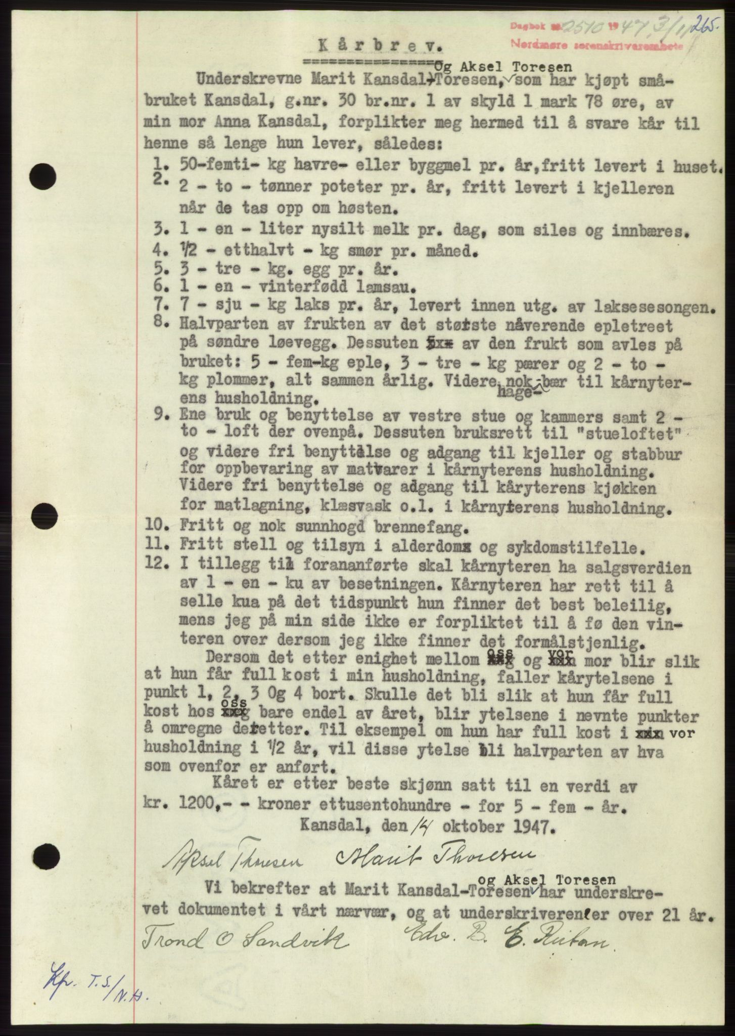 Nordmøre sorenskriveri, AV/SAT-A-4132/1/2/2Ca: Mortgage book no. B97, 1947-1948, Diary no: : 2510/1947