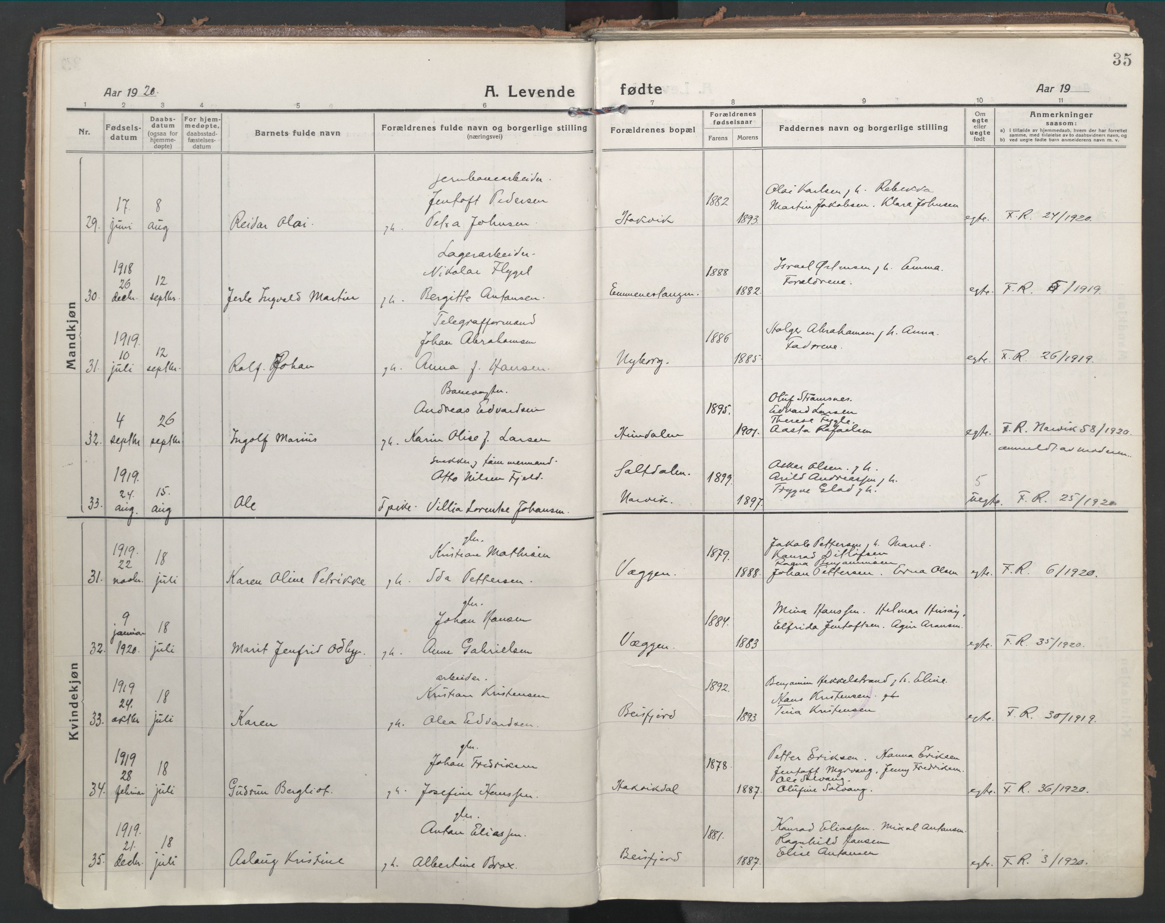 Ministerialprotokoller, klokkerbøker og fødselsregistre - Nordland, AV/SAT-A-1459/866/L0945: Parish register (official) no. 866A08, 1917-1935, p. 35