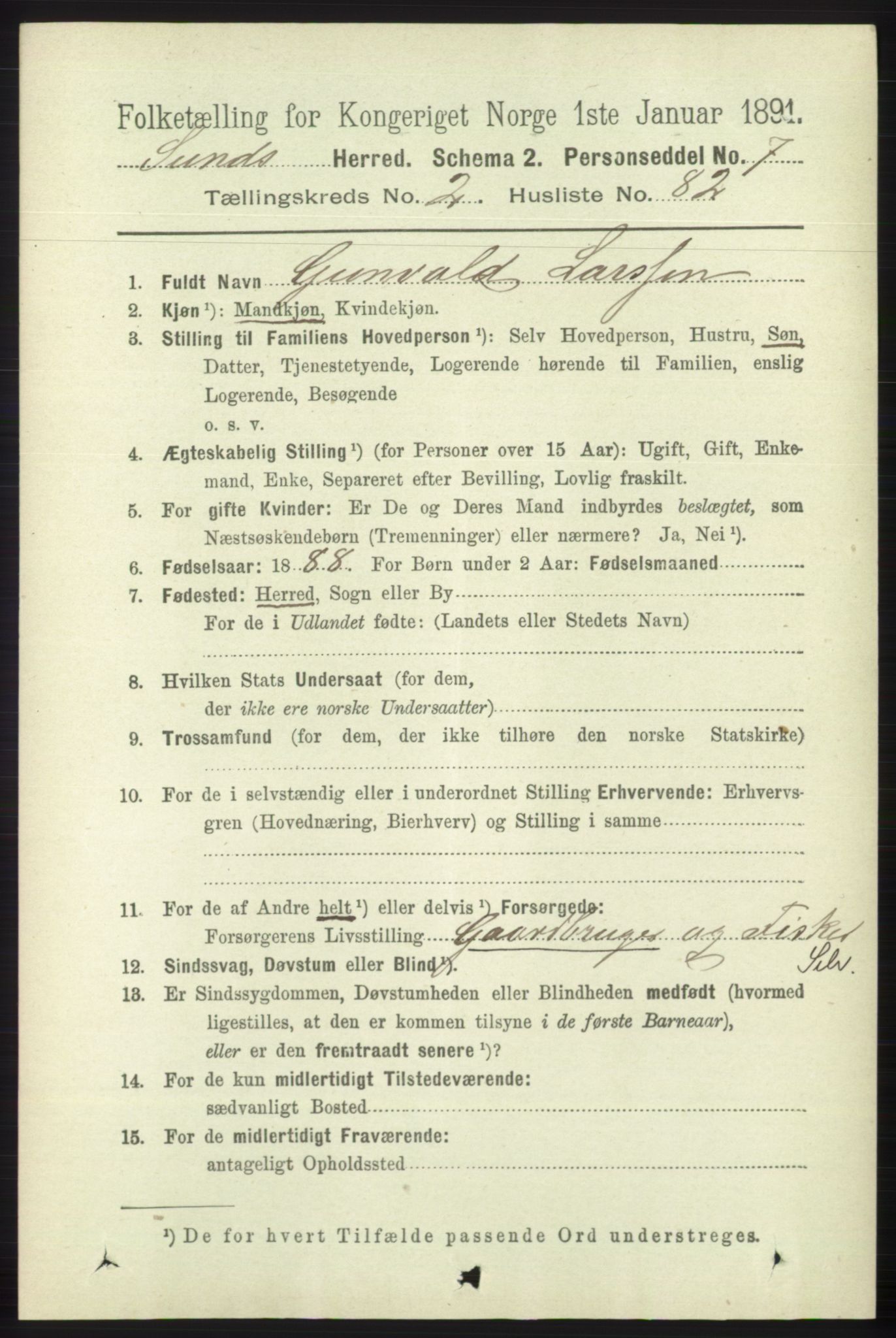 RA, 1891 census for 1245 Sund, 1891, p. 1125