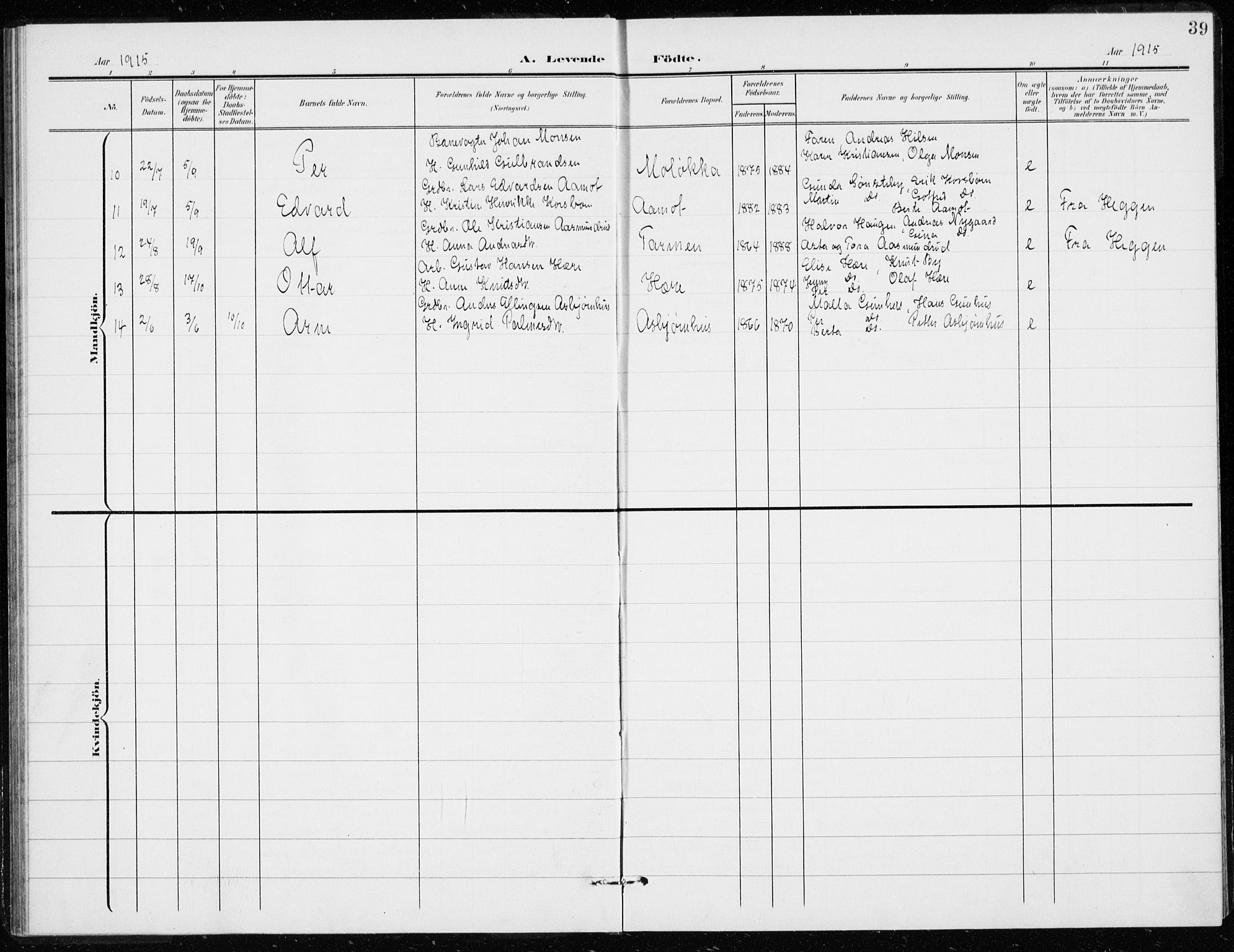 Modum kirkebøker, AV/SAKO-A-234/G/Gd/L0001: Parish register (copy) no. IV 1, 1901-1921, p. 39