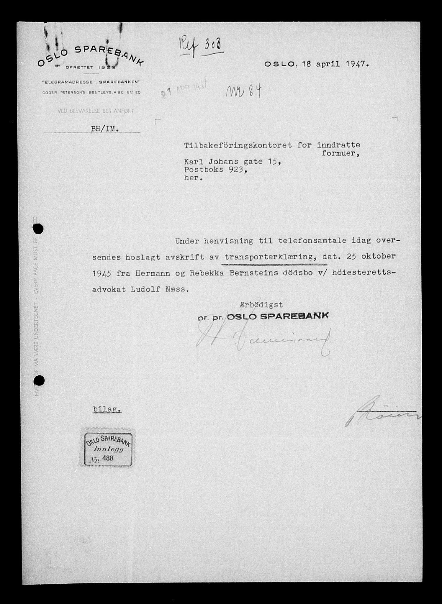 Justisdepartementet, Tilbakeføringskontoret for inndratte formuer, AV/RA-S-1564/H/Hc/Hcc/L0922: --, 1945-1947, p. 542