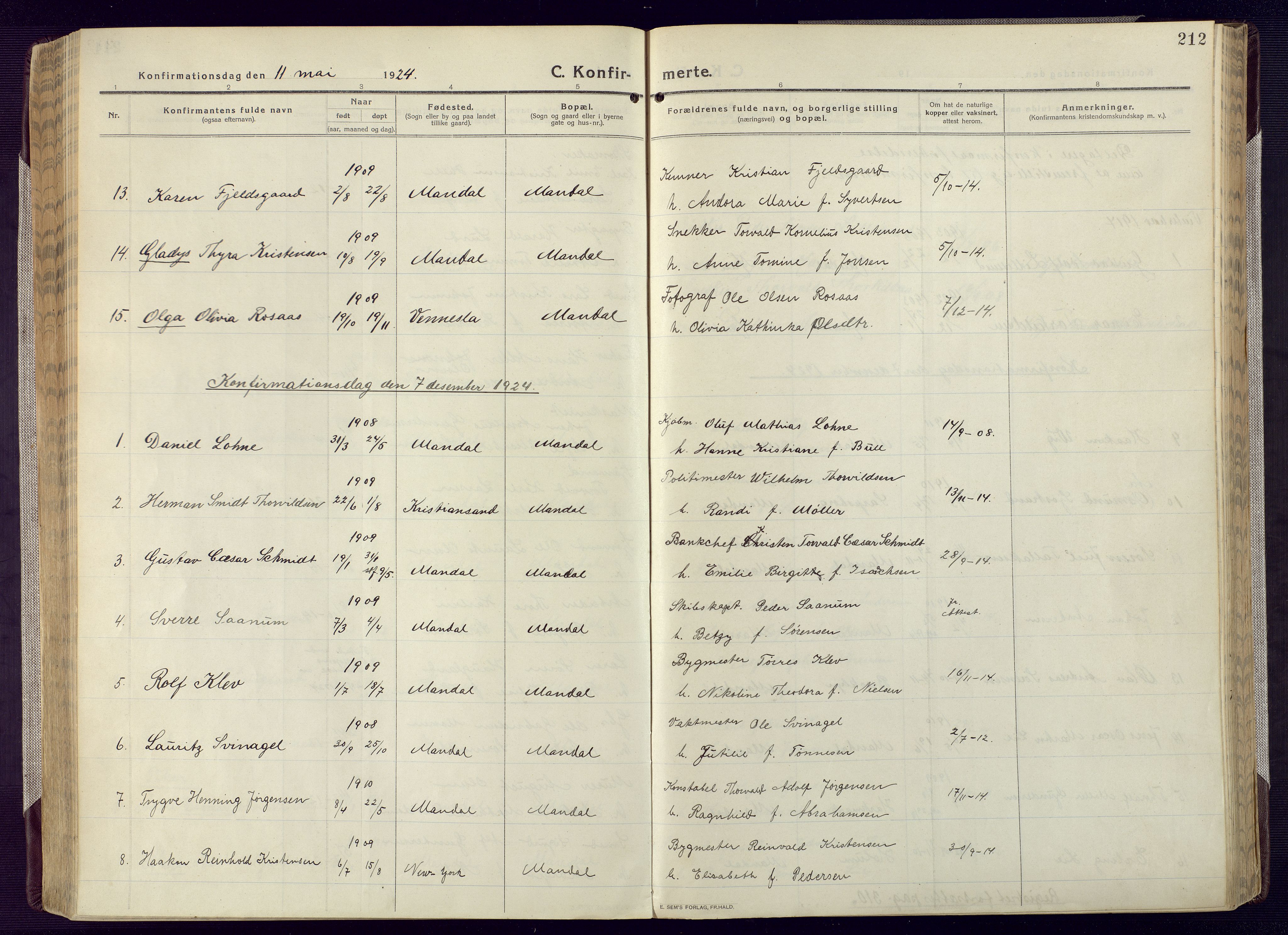 Mandal sokneprestkontor, AV/SAK-1111-0030/F/Fa/Fac/L0001: Parish register (official) no. A 1, 1913-1925, p. 212