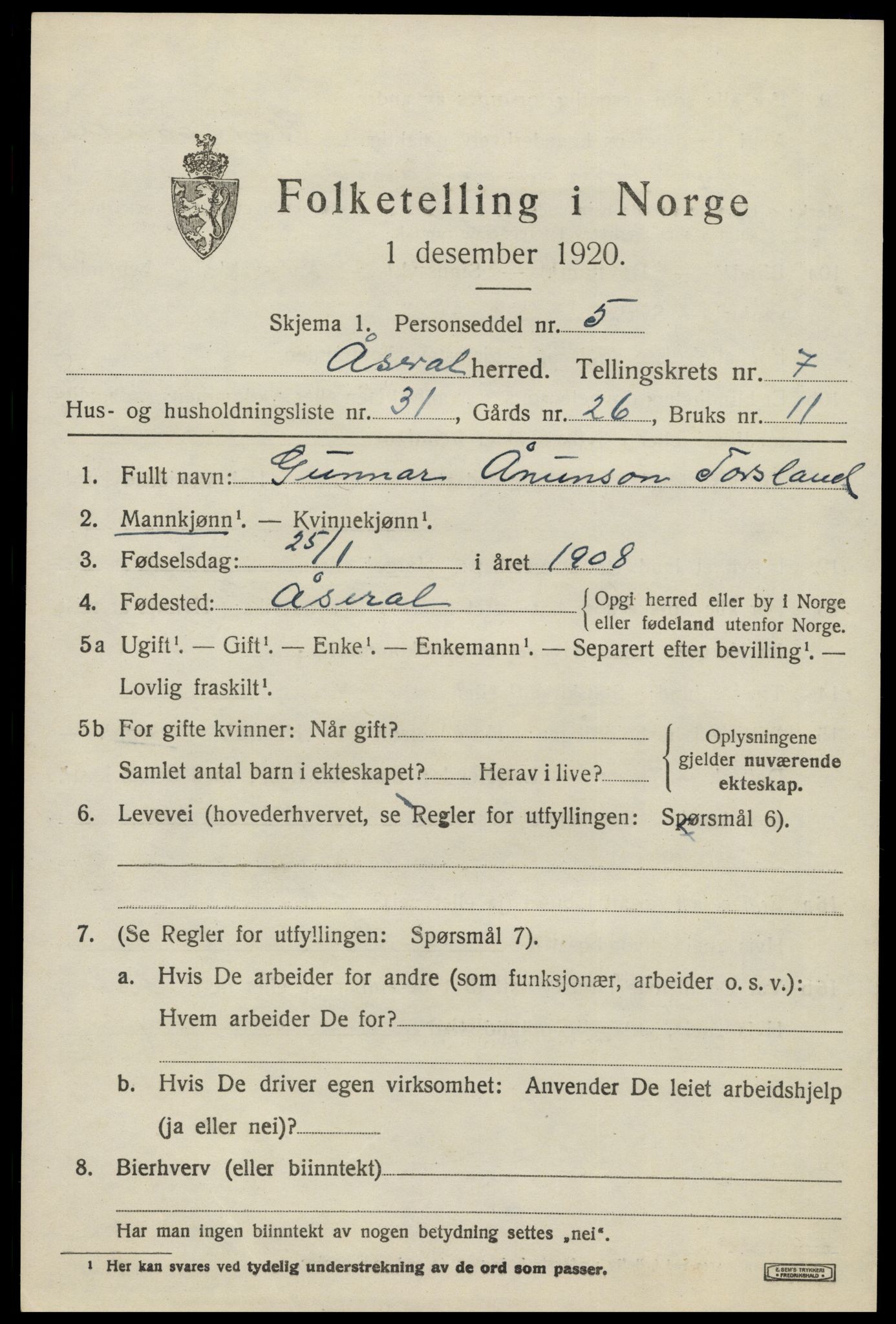 SAK, 1920 census for Åseral, 1920, p. 2418