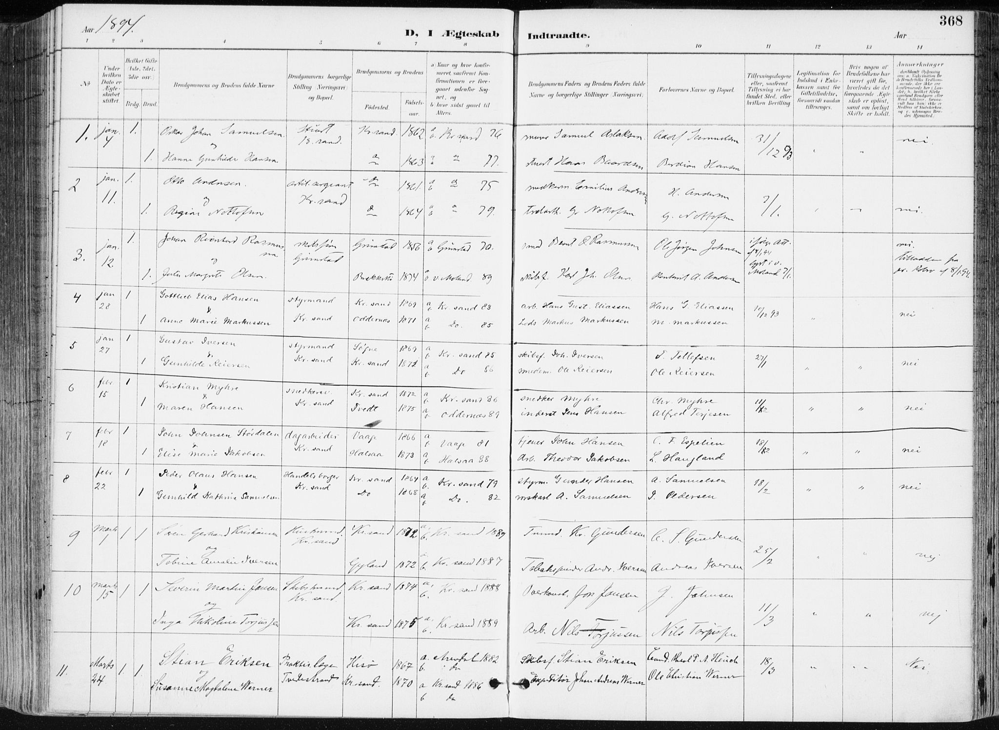 Kristiansand domprosti, SAK/1112-0006/F/Fa/L0019: Parish register (official) no. A 18, 1890-1897, p. 368