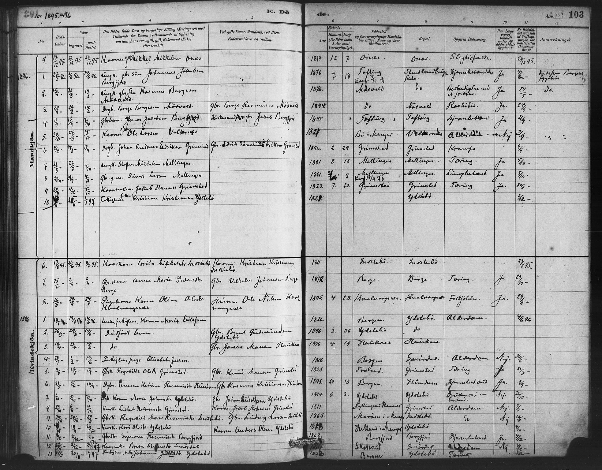Lindås Sokneprestembete, SAB/A-76701/H/Haa: Parish register (official) no. E 1, 1886-1897, p. 103