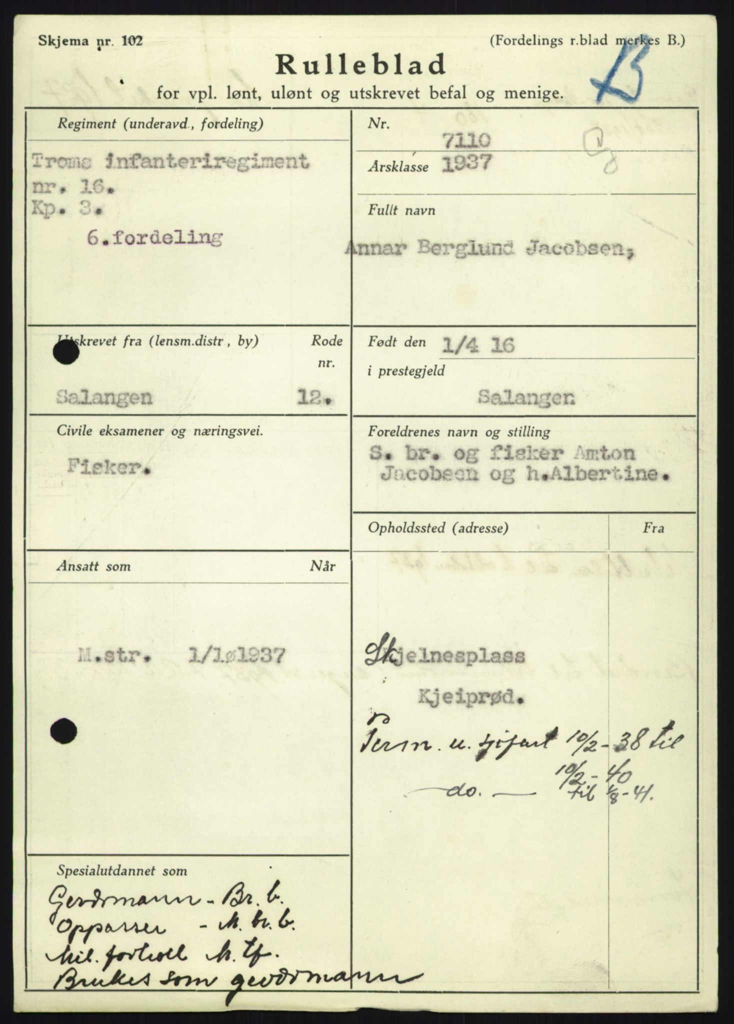 Forsvaret, Troms infanteriregiment nr. 16, AV/RA-RAFA-3146/P/Pa/L0021: Rulleblad for regimentets menige mannskaper, årsklasse 1937, 1937, p. 437