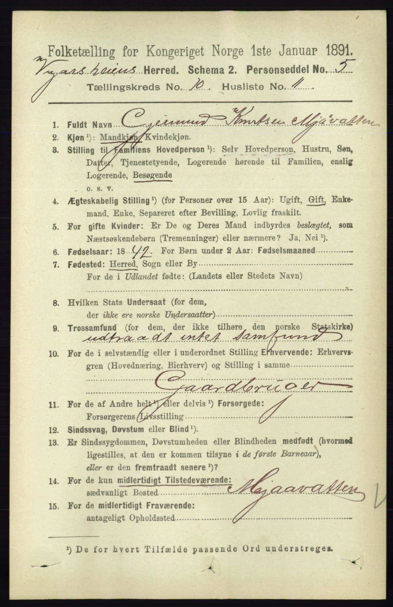 RA, 1891 census for 0912 Vegårshei, 1891, p. 2006