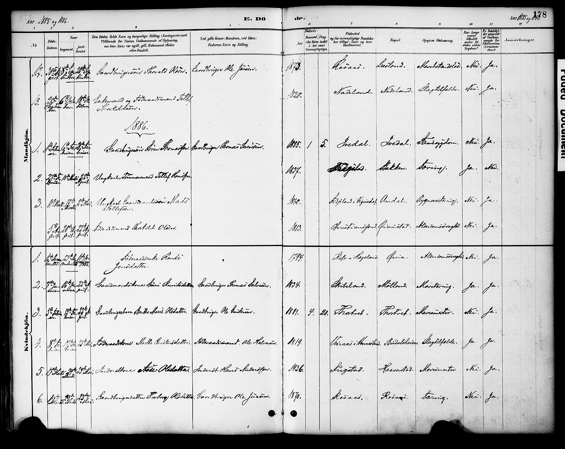 Evje sokneprestkontor, AV/SAK-1111-0008/F/Fa/Fac/L0003: Parish register (official) no. A 3, 1884-1909, p. 178