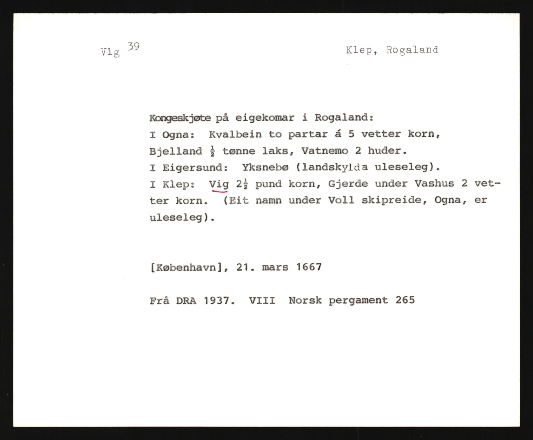 Riksarkivets diplomsamling, AV/RA-EA-5965/F35/F35e/L0027: Registreringssedler Rogaland, 1400-1700, p. 139